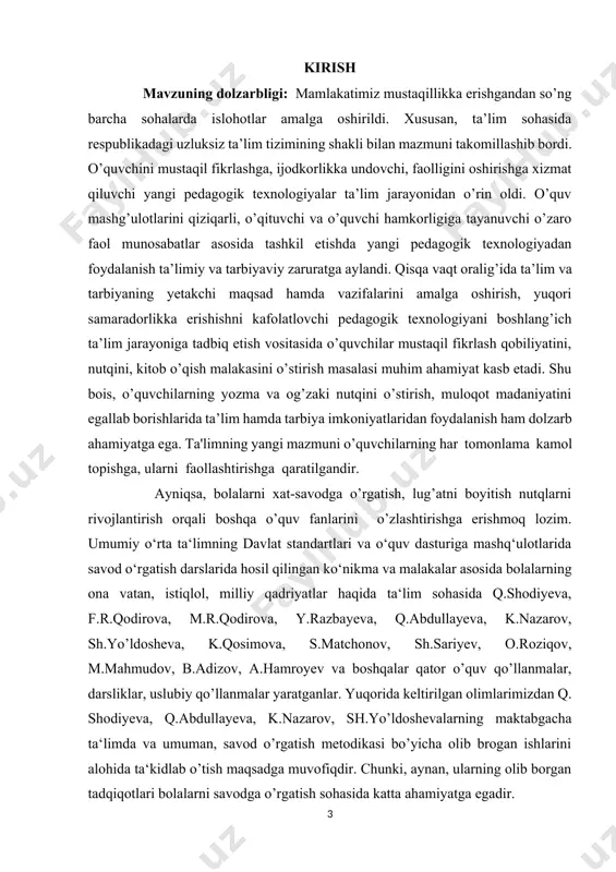 rs ishining maqsadi: savod o‘rgatish davrida yozuv darslarida nutq o’stirish usullari va unga ma‘lum bir o’zgartirishlar kiritishda yangi pedagogik texnologiyalardan foydalanishning samarali usullarini shakllantirish kurs ishi mavzusi bo’yicha olib borayotgan tadqiqot ishimizning maqsadi hisoblanadi. kurs ishining vazifasi: yuqorida oldimizga qo’ygan maqasadimizdan kelib chiqib: · kurs ishida tanlangan mavzu bo’yicha ijtimoiy-pedagogik, falsafiy- ma‘rifiy, ilmiy-metodik hamda o’quv adabiyotlarni o’rganib chiqish va umumlashtirish. · savod o‘rgatish davrida yozuv darslarida nutq o’stirish usullari darslariga oid mashg’ulotlari bilan ishlash jarayonini o’rganish va tahlil qilish. · savod o‘rgatish davrida yozuv darslarida nutq o’stirish usullari oid mashg’ulotlarning samaradorligini oshirishga yo’naltirilgan yangi pedagogik texnologiyalar asosida dars ishlanmalarini yaratish. kurs ishining tarkibiy tuzilishi. ushbu kurs ishi kirish, asosiy qism, 4 ta reja, xulosa va foydalanilgan adabiyotlar ro’yxatidan iborat. ii.asosiy qism: ii.1. savod o’rgatish davrida yozuvga tayyorlash. savod ta'limida o’quvchining nutq o’stirishda bir turdagi mashg’ulotlar o’zoq davom etsa o’quvchilar tеz charchab qoladi. shuni hisobga olib mashg’ulotlarning turi va usullarini o’zgartirib …