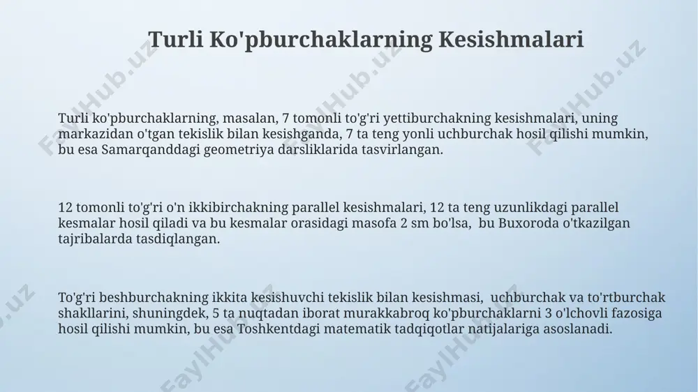 klarning turli-tuman kesmalarini aniqlashda muhim ahamiyatga ega. muntazam ko'pburchaklar 3 dan 1000 gacha bo'lgan tomonlar soniga ega bo'lishi mumkin, masalan, uchburchak (3 tomon), kvadrat (4 tomon) yoki sakkizburchak (8 tomon) kabi geometrik shakllar samarqanddagi madaniy meros ob'ektlarida ko'p uchraydi. muntazam ko'pburchakning barcha tomonlari teng uzunlikda va barcha ichki burchaklari teng kattalikda bo'ladi, masalan, 12 tomonli muntazam ko'pburchakning har bir burchagi 150° ga teng bo'ladi, bu esa buxoro shahridagi tarixiy binolarning me'moriy elementlarida ham kuzatiladi. markaziy simmetriya kesishmalari markaziy simmetriya kesishmalari muntazam 6 burchakli ko‘pburchakni 3 ta teng qismga bo‘luvchi tekisliklar orqali amalga oshiriladi, bu esa 3 ta teng yonli uchburchak hosil qiladi va bu kesishmalar toshkentdagi geometriya muzeyi eksponatlarida 1:10 masshtabda ko‘rsatilgan. muntazam n-burchakning markaziy simmetriya kesishmalari soni n/2 ga teng bo‘ladi, agar n juft son bo‘lsa. masalan, 12 burchakli ko‘pburchakning 6 ta shunday kesishmasi mavjud bo‘lib, ular farg‘ona vodiysidagi me'moriy obidalarda qo‘llanilgan naqshlarning elementlari sifatida kuzatilishi mumkin. to‘g‘ri 8 …