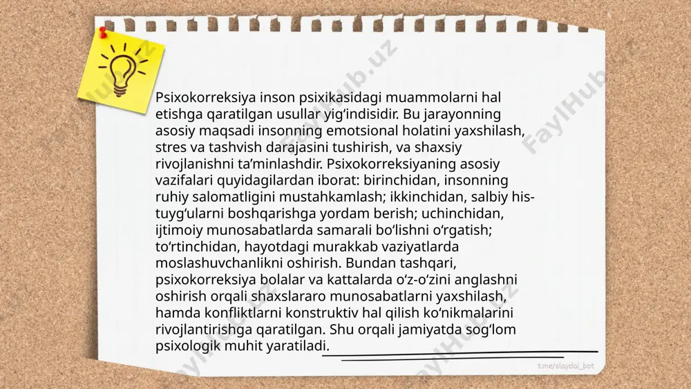 pasaytirishga yordam beradi. psixoterapiya seanslari esa, odatda, insonning stressga chidamliligini sezilarli darajada oshiradi va ijobiy natijalarga erishiladi. ... t.me/slaydai_bot depressiyani psixokorreksiya yo'li bilan engish jarayonida quyidagi ma'lumotlarga e'tibor qaratish muhim: dunyo bo'ylab depressiyadan aziyat chekadiganlar soni taxminan 280 million kishini tashkil etadi. psixoterapiya, xususan, kognitiv-behavioral terapiya (kbt) depressiya davosida samarali hisoblanadi. tadqiqotlar shuni ko'rsatadiki, kbt o'tkazilgan bemorlarning 50-70 foizi ancha yaxshilanishni his qilishadi. muolajalar, odatda, haftasiga bir marta bo'lib, sessiyalar soni 10-20 orasida bo'lishi tavsiya etiladi. bundan tashqari, jismoniy mashqlar va doimiy jismoniy faollik depressiyani kamaytirishda uzoq muddatli foyda keltirishi aniqlangan. ko'pchilik holatlarda, psixoterapevtik yondashuvlar dori vositalari bilan birgalikda samaraliroq natija beradi. oxirgi tadqiqotlar ko'rsatganidek, antidepressantlar yordamida davolash muvaffaqiyati darajasi taxminan 40-60 foiz orasida baholanadi. ... t.me/slaydai_bot oilaviy muammolarni psixokorreksiya usullari bilan bartaraf etish ko‘pincha muvaffaqiyatli bo‘lishi mumkin. 2020 yilgi tadqiqotlar shuni ko‘rsatadiki, psixokorreksiya usullari, masalan, oilaviy terapiya va kognitiv-behavioral yondashuvlar, muammolarni 70% hollarda kamaytirishga yordam beradi. oilaviy terapiya orqali …