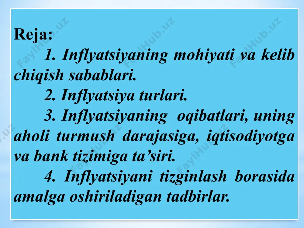 larning ko‘payib ketishi, mamlakat to‘lov balansi holati va boshqalar. 2.inflyatsiya turlari. inflyatsiya asosan 3 xil bo‘ladi: - o‘rmalovchi - suzib yuruvchi - yuguruvchan inflyatsiya o‘rmalovchi, evida bo‘ladigan inflyatsiya. bunda narx- navo sekin o‘sadi va inflyatsiya sur’atlari yiliga 1-3% dan 5-10% gacha bo‘ladi. mamlakatda iqtisodiy o‘sish davom etadi, ishsizlik katta bo‘lmaydi. bunday inflyatsiya, odatda, iqtisodiy rivojlangan mamlakatlarga xosdir. masalan, 1998 yilda inflyatsiya sur’atlari avstriya, belgiya va germaniyada – 1,0%, ispaniya, buyuk britaniya va aqsh da – 2%, gresiyada esa 4,8 % ni tashkil etgan. bulardan tashqari bu guruhga gʻarbiy yevropaning boshqa mamlakatlari, kanada, yaponiya, singapur, malayziya, janubiy koreya, saudiya arabistoni va boshqalar kiradi. suzib yuruvchi yoki yo‘rtib boruvchi inflyatsiya. bunda yillik inflyatsiya sur’atlari 10%dan 100%gacha, ayrim hollarda 200% gacha yetadi. mamlakatda narx-navo tezroq o‘sa boshlaydi, iqtisodiy o‘sish sur’atlari pasayadi, ishsizlik ko‘paya boradi. bunday inflyatsiya rivojlanayotgan mamlakatlarga xosdir. masalan, 2001 yilda rossiyada inflyatsiya – 18%ni, o‘zbekistonda esa – 24%ni tashkil etgan. 2002 …