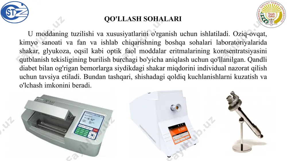 on sensor. o'zboshimchalik bilan tanlangan mos yozuvlar o'qidan optik elementlarning o'qlarining burchak holati (va polarizatorning uzatish o'qi va kompensatorning tez o'qi) odatda radiatsiya tarqalish yo'nalishiga qarshi qaralsa, soat miliga teskari yo'nalishda hisoblanadi. fotodetektor yoki kuzatuvchi. polyarimetr qurilmasi image1.png image2.png image3.png image4.png image5.jpeg image6.jpeg image7.jpeg image8.jpeg /docprops/thumbnail.jpeg