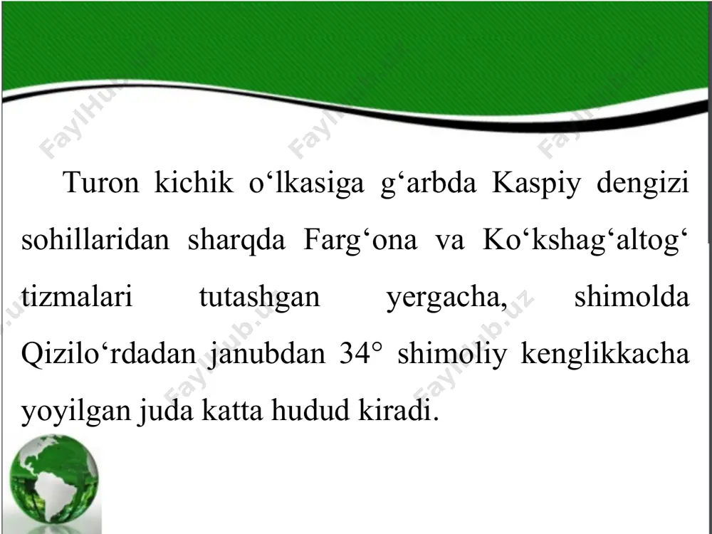 yi tekisliklaridan sharqda savir tog‘ining muztog‘ cho‘qqisigacha, shimolda qozog‘iston past tog‘larining shimoliy chekkasidagi ayirtovdan janubda ustyurtning janubiy chinklari va qizilqumning shimolidagi tekisliklargacha keng yoyilgan hudud kiradi. kichik o‘lka hududining taxminan to‘rtdan bir qismini dengiz sathidan 200 m baland bo‘lgan yerlar — orolbo‘yi qum tekisliklari, to‘rg‘ay supasimon o‘lkasi, kaspiybo‘yi tekisliklari egallagan. hududning katta qismi past tog‘lar, qirlardan iborat. janubi-sharqiy va sharqiy qismlarida yoshargan baland tog‘lar (tyanshan, jung‘oriya olatovi) joylashgan. balandliklar òyanshan tog‘ida 7439 m (g‘alaba cho‘qqisi) gacha yetadi. qirlar, past tog‘lar va tekisliklarda yog‘in òuron kichik o‘lkasidagiga nisbatan ko‘proq yog‘ishiga qaramasdan, chalacho‘l va cho‘l landshaftlari eng ko‘p uchraydi. qumli cho‘llar ham katta maydonlarni egallagan. qozog‘iston tabiiy geografik kichik o‘lkasi hududida ham turon tabiiy geografik kichik o‘lkasidagiga o‘xshab ikki guruh tabiiy geografik rayonlar ajratiladi: 1. tog‘li tabiiy rayonlar guruhi — sharqiy qozog‘iston tog‘lari, shimoliy tyanshan, markaziy tyanshan, qozog‘iston past tog‘lari. 2. tekislik tabiiy rayonlar guruhi — ustyurt platosi va mang‘ishloq yarimoroli, to‘rg‘ay …