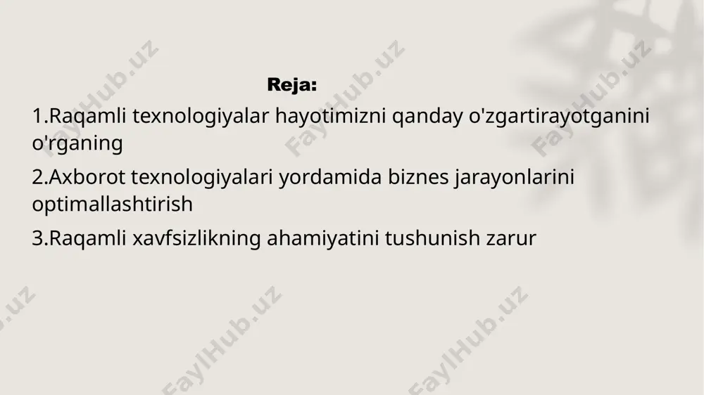 g xavfsizligini tekshirish zarur, chunki ular zararli dasturlarga yo‘l ochishi mumkin • xavfsizlikni ta'minlash usullari - raqamli xavfsizlikni ta'minlash uchun antivirus dasturlari va doimiy yangilanadigan tizimlardan foydalanish muhimdir bulutli hisoblash texnologiyalari foydalarini ko'rib chiqing • moslashuvchanlik - bulutli hisoblash orqali foydalanuvchilar kerakli paytda resurslarga kirish imkoniyatiga ega bo'ladi. bu moslashuvchanlik ish jarayonlarini optimallashtiradi va vaqtni tejashga yordam beradi. • tejamkorlik - bulutli hisoblash xizmatlarni xarajatlarni kamaytirishga yordam beradi. foydalanuvchilar to'liq infratuzilma oʻrniga faqat foydalanilgan resurslar uchun toʻlaydi. ma'lumotlar tahlili yordamida qaror qabul qilishni yaxshilang • ma'lumotlar tahlilining ahamiyati - ma'lumotlarni tahlil qilish qaror qabul qilish jarayonini yanada aniqroq va samarali qiladi. statistik ma'lumotlar asosida qarorlar qabul qilinsa, bu qarorlarning muvaffaqiyati oshadi. • shaxsiy individual tahlil - ma'lumotlar tahlili har bir shaxsning individual xususiyatlarini hisobga olishga yordam beradi. bu orqali muammolarni tezda aniqlab, to'g'ri yechimlarni topish mumkin. • qarorlar asosida strategiya ishlab chiqish - tahlil qilingan ma'lumotlar yordamida strategiyalar yaratish va …