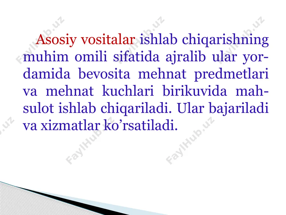i. asosiy vositlaming harakat ko‘rsatkichlariga ulaming yangilanishi va chiqib ketish koeffisentlari kiritiladi. asosiy vositalaming yangilanish koeffisenti joriy davrda yangidan kiritilgan asosiy vositalar qiymatini asosiy vositalaming yii oxiriga bo‘lgan qiymatiga bo‘lish orqali topiladi. asosiy vositalaming chiqib ketish koeffisienti joriy davrda chiqib ketgan asosiy vositalar qiymatini ulaming yil boshiga bo‘lgan qiymatiga bo‘lish asosida aniqlanadi. bu tarkiblashni asosiy vositalaming jami qatori va har bir tarkibi bo‘yicha berib o‘tish mumkin. tahlilda asosiy vositalarning samaradorlik ko‘rsatkichlari va ulaming ta’sir etuvchi omillari ikki tarkib bo‘yicha o‘rganiladi: 1 asosiy vositalarning samaradorligi va uning o‘zgarishiga ta’sir etuvchi omillar tahlili 2 asosiy vositalar va ulardan samarali foydalanish ko‘rsatkichlarining mah-sulot hajmining o‘zgarishiga ta’sirining tahlili fond qaytimi (sig‘imi) va uning o‘zgarishiga ta’sir etuvchi omillar: 1 mahsulot ishlab chiqarish hajmi va uning o‘zgarishi; 2 asosiy fondlar o‘rtacha yillik qiymatining o‘zgarishi. - asosiy fondlaming o‘rtacha yillik qiymatining o‘zgarishi; - fond qaytimi (sig‘imi)ning o‘zgarishi. asosiy vositalar tahlili natijalari ular bo‘yicha boshqaruv qarorlarini qabul qilishda …