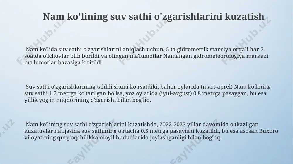aniqlash orqali, gps koordinatalari va eko-lot yordamida xaritalandi, bu esa 3d model yaratishga imkon berdi. nam ko'lining janubi-g'arbiy qismida 15 metrdan chuqurroq bo'lgan relyefning keskin o'zgarishlari aniqlandi, bu esa suv osti tizmalarining mavjudligini ko'rsatadi. nam ko'lining ekologik holatini baholash ko'lda erigan kislorod miqdori (do) o'rtacha 6-8 mg/l ni tashkil etib, ba'zi hududlarda eutrofikatsiya jarayonining boshlanishini bildiradi. bu nam ko'lining o'z-o'zini tozalash qobiliyatiga salbiy ta'sir qilishi mumkin. nam ko'lining suvining ph darajasi 7,5-8,5 oralig'ida o'zgarib, suvning ishqoriy muhitini va ba'zi suv o'simliklari turlarining ko'payishiga olib kelishini ko'rsatadi. bu esa, ayniqsa, namangan viloyati uchun muhim ekologik omil hisoblanadi. nam ko'lining biologik xilma-xilligi tahlili natijalariga ko'ra, 20 dan ortiq suv o'simliklari va 15 ga yaqin baliq turlari aniqlangan bo'lib, bu ko'lning nisbatan boy biotasiga ega ekanligini ko'rsatadi. biroq, ba'zi turlar sonining kamayishi kuzatilmoqda. nam ko'lining iqtisodiy ahamiyati nam ko'lining sayyohlik salohiyati yiliga taxminan 15 mingdan ortiq sayyohlarni jalb qiladi, bu esa mahalliy aholiga …