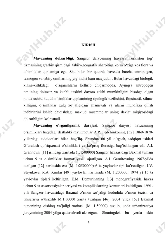 amda maktab va o’rta maxsus ta’lim muassasalarida botanika darslarini o’tishda qo’llash mumkin. tadqiqotning ilmiy yangiligi. sangzor daryosi havzasida dorivor o’simliklarning o’simliklar qoplamidagi o’rni ilk bor o’rganildi. dorivor o’simliklar florasi har tomonlama kompleks tahlil qilindi. tadqiqot ob’ekti: sangzor daryosi havzasi florasi dorivor o‘simliklari. tadqiqot predmeti: o‘rganilgan hudud o‘simliklari taksonomiyasini, hayotiy shakllarini, tik mintaqalar bo‘yicha tarqalishini, ho‘jalik ahamiyatini tahlil qilish. qo’llanilgan ilmiy metodlar: geobotanik tavsiflash umumiy qabul qilingan geobotanik usullar orqali olib borildi. havza florasini aniqlashda 10 tomli o’rta osiyo o’simliklar aniqlagichi, 6 tomli o’zbekiston florasi va s.k.cherepanovning [35], [54], [55] asarlaridan foydalanildi. dissertatsiyaning tuzilishi. dissertatsiya ishi 71 bet kompyuter matnidan iborat bo’lib, kirish, 4 ta bob, xulosalar va foydalanilgan adabiyotlar ro’yhatidan tashkil topgan. dissertatsiyada 3 ta jadval va5 ta rasmlar bilan boyitilgan. 1 - bob sangzor daryosi havzasining fizik-geografik tavsifi. tadqiqot ob’ekti, predmeti va metodlari sangzor daryosi havzasi turon fizik-geografik hududi o’rtazarafshon okrugining sharqiy qismida joylashgan [3],[4]. ma’muriy jihatdan esa o’zbekiston …