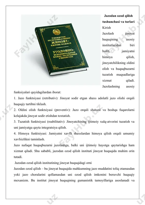 xizmat qiladi. - jazoning samaradorligini oshirish: agar mahkum tuzalgan bolsa, uni qamoqda ushlab turishning zarurati yoqoladi. - ijtimoiy reintegratsiya: mahkumning jamiyatga qaytishi va ijobiy hayot tarzini olib borishiga yordam berish. jazodan ozod qilish turlari turli huquqiy tizimlarda turlicha tartibga solinadi, lekin umumiy shakllari quyidagilarni oz ichiga oladi: 1. shartli ravishda ozod qilish: mahkum jazo muddatining bir qismini otaganidan song, malum shartlar (masalan, sinov muddati) asosida ozod qilinadi. 2. amnistiya: davlat tomonidan umumiy yoki maxsus guruhdagi mahkumlarni ozod qilish togrisida qaror qabul qilinadi. 3. avf etish: davlat rahbari tomonidan alohida shaxsga nisbatan jazo bekor qilinadi yoki engillashtiriladi. 4. muddatidan oldin ozod qilish: mahkumning yaxshi xulq-atvori yoki boshqa asoslar bilan jazo muddati qisqartiriladi. 5. jazoni boshqa turdagi jazo bilan almashtirish: masalan, qamoq jazosi jarima yoki jamoat ishlari bilan almashtirilishi mumkin. ozbekiston respublikasi jinoyat kodeksiga kora, jazodan ozod qilish instituti 70-77-moddalarda tartibga solinadi. bu moddalarda shartli ravishda muddatidan oldin ozod qilish, amnistiya, avf …