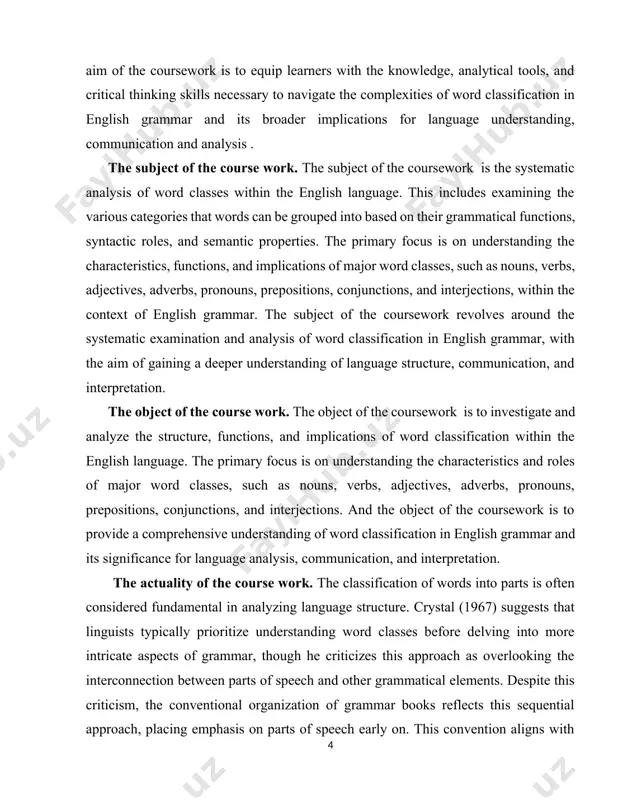 ed on word classification in english grammar. discussing the key patterns, structures, and relationships identified within and across different word classes. exploring theoretical implications, practical applications, and avenues for further research and development in the field. the practical value of the course work. the coursework on teaching grammar holds several practical values. the practical value of the coursework lies in its ability to equip learners with the knowledge and skills necessary to navigate the complexities of language structure and use language more effectively in various contexts, from everyday communication to advanced academic and professional pursuits. the structure of the course work the given course work consists of introduction, two chapters, conclusion, the list of used literatures and internet resources. chapter i. definition and role of grammar in language acquistion 1.1. evolution of the grammatical system from the 11th to 18th c. evolution of the grammatical system from the 11th to …