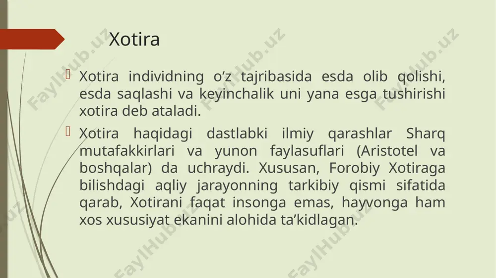am (xotira izlari) nazariyasi xotira ma’lum neyron guruhlarining faollashishi bilan saqlanadi. qayta eslanganda o‘sha neyronlar yana ishga tushadi. neyron ansambllari va faza ketma-ketligi hebb nazariyasiga ko‘ra, birgalikda ishga tushgan neyronlar orasida kuchli bog‘liqlik hosil bo‘ladi. bu esa assotsiativ xotirani shakllantiradi. neurogenesis nazariyasi hipokampusda yangi neyronlarning hosil bo‘lishi xotira jarayonida muhim o‘rin tutadi. hipokampus va neokorteks o‘rtasidagi konsolidatsiya nazariyasi xotira dastlab hipokampusta saqlanadi, keyinchalik neokorteksga o‘tadi va mustahkamlanadi. konsolidatsiya va rekonsolidatsiya nazariyasi xotira shakllangach uyqu yoki dam olish vaqtida mustahkamlanadi. qayta eslash jarayonida esa yangilanadi yoki o‘zgarishi mumkin. biokimyoviy signal yo‘llari nazariyasi kaltsiy, nmda/ampa retseptorlari, kinazalar va oqsil fosforillanishi xotiraning molekulyar mexanizmlarini tushuntiradi. xulosa xotira nazaryalari turli darajalarda – molekulyar, neyronal va tizimli – izohlanadi. bioximik nazariyalar xotiraning oqsil sintezi, signal yo‘llari va gen ifodalanishiga asoslanadi. neyrofiziologik yondashuvlar esa sinaptik plastiklik, neyron ansambllari va konsolidatsiya jarayonlariga urg‘u beradi. har ikki yondashuv bir-birini to‘ldirib, inson xotirasining murakkab mexanizmlarini tushunishga yordam beradi. foydalanilgan …