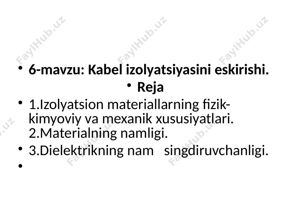 cha uning ichiga singib boradi. meterialdagi namlik ma’lum vaqt davomida o’zining to’yingan qiymatiga erishadi yoki, aksincha, nisbatan quruq saqlangan xavoda nam material vaqt o’tishi bilan o’zidagi namlikni yo’qota boradielektr izolyatsion materialdagi namlik uning elektr xossalarini o’rganishda qo’l keladi, chunki bxar xil materiallarning xavoning nisbiy namligi o’zgarmas bo’lgandagi namlik muvozanati turlicha bo’lishi mumkin. gigrosko’pik materialning namligini to’g;ri aniqlash uni massa orqali qabul qilish yoki topshirish ishlarida katta axamiyatga ega. to’qimachilik materiallari uchun kondision namlik tushunchasi kiritiladi. kondision namlik deganda, material namligining normal sharoit xavosidagi muvozanat xolatdagi qiymati tushiniladi. masalan, kabel qog’ozi uchun kondision namlik 8% deb olinadi. zich tushilishga ega materiallar g’ovak yoki tolali materiallarga nisbatan namlikni o’ziga kam singdiradi. . диққат ва эътиборингиз учун ташаккур!!! image1.png /docprops/thumbnail.jpeg