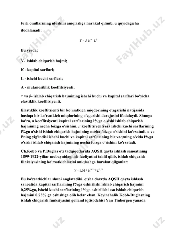 to'g'risidagi xulosaga keldilar. iqtisodiy o'sishning muhim modellaridan biri bo'lib tarmoqlararo balans hisoblanadi. iqtisodchi olim v.leontev tomonidan «xarajatlarnatijalar» modeli takomillashtirilgan holda ishlab chiqildi. v.leontev iqtisodiy tahlilning «xarajatlar-natijalar» usulida eng awalo e’tibomi iqtisodiyotdagi miqdoriy aloqalarga qaratadi. tarmoqlar o'rtasidagi bu aloqalar texnologik koeffitsiyentlar, i kvadrantdagi an, ai2, au vah.z. belgilar orqali o‘matiladi. tarmoqlararo balans jadvali to'rtta kvadrantdan iborat. birinchi kvadrantga mahsulot ishlab chiqarishga moddiy sarflar ko'rsatkichlari joylashtirilgan. ikkinchi kvadrantga shaxsiy iste’mol, jamg'arish, davlat xaridi va eksport sifatida foydalaniluvchi yakuniy mahsulot ko'rsatkichlari joylashtirilgan. uchinchi kvadrantdan qo'shilgan qiymat: ish haqi, foyda, soliqlar va import ko'rsatkichlari o'rin olgan. to'rtinchi kvadrantda sof milliy mahsulotni qayta taqsimlash ko'rsatkichlari joylashgan. tarmoqlararo aloqalar jadvali ustunlari bo'ylab xarajatlami, ya’ni har bir tarmoq bo'yicha mahsulot qiymatini tashkil etuvchi unsurlami, satrlar bo'yicha esa milliy iqtisodiyotning har bir tarmog'i mahsulotini taqsimlash tarkibiy tuzilmasi aks ettirilgan. tarmoqlararo balans modelida bir tarmoqdagi pirovard talab yoki ishlab chiqarish sharoitidagi o'zgarishlar boshqa barcha o'zaro bog'liq tarmoqlaming miqdoriy ta’sirini …