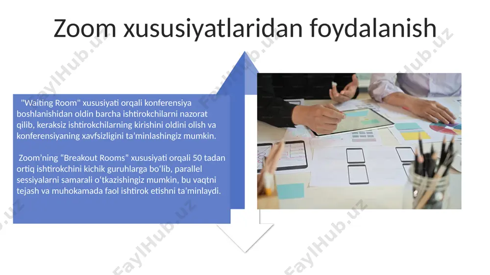 jarayonini soddalashtirish uchun 2 bosqichli shakl yarating: birinchisi – asosiy ma’lumotlar (ism, familiya, email), ikkinchisi – qo'shimcha ma’lumotlar (kompaniya, lavozim) va ularni shartli ravishda talab qiling. chat funksiyasi va uning boshqaruvi zoom chatida 100 dan ortiq ishtirokchi bo'lganda, xabarlarni samarali boshqarish uchun "breakout rooms" funksiyasidan foydalanish tavsiya etiladi, bu esa alohida guruhlarga bo'linish imkonini beradi. anketalar yoki so'rovnomalar orqali ishtirokchilarning fikr-mulohazalarini to'plash va real vaqt rejimida natijalarni chatda ko'rsatish orqali 5-10 minut davomida interaktivlikni oshirish mumkin. konferensiya statistikasi va tahlili zoom platformada konferensiya o'tkazishda 100 dan ortiq ishtirokchining ulanish tezligini va ulanish sifatini monitoring qilish uchun maxsus vositalardan foydalanish samaradorlikni oshiradi. konferensiya davomida 50 dan ortiq ishtirokchi bo'lsa, muloqotni samarali boshqarish va savollarga tezkor javob berish uchun moderatordan foydalanish tavsiya etiladi. e'tiboringiz uchun rahmat @taqdimot_robot image4.jpg image5.jpg image6.jpg image7.jpg image8.jpg image9.jpg image10.jpg image11.jpg image12.jpg image13.jpg image14.jpg image15.jpg image16.jpg image17.jpg image3.png image18.jpg image19.jpg image20.jpg image1.jpeg image2.jpeg