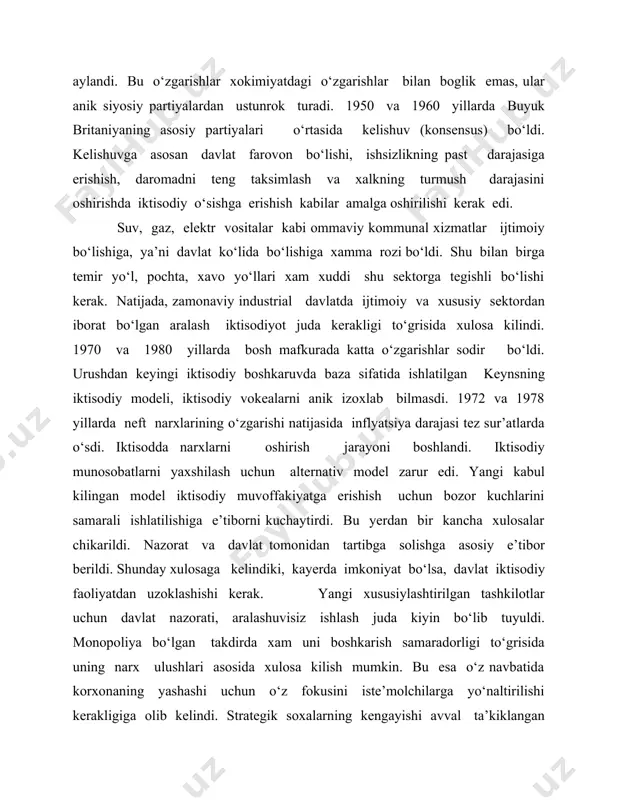 taxlilining siyosiy spektr darajasiga kiradi. iktisodiy o‘zgarishlar. 1950 - 1960 yillar barkarorligi va kulay iktisodiy shart- sharoitlari bilan ajratilib tursa, oxirgi ikki o‘n yilliklarda teskari xol ro‘y berdi. 1950 va 1960 yillar bu yo‘ldan chetlashish (oberatsiya) yillari bo‘ldi, degan fikr paydo bo‘ladi. ikkinchi jaxon urushining vayronagarlik okibatlari, akshning jaxon iktisodiyotini boshkarishiga yo‘l ochib berdi. buyuk britaniya, fransiya, italiya va germaniya kabi asosiy garb iktisodiy tizimlari o‘zini kayta tiklamokchi bo‘ldilar. sharkda yaponiya va boshka rivojlanayotgan shark davlatlarining kuchlari bilan xisoblashmas edilar. iktisodiyotni tiklash uchun ishlatilgan investitsiyalashning yukori darajalari akshning gullashiga va 19 asrda britaniya kapitalizm xukm surgandagi aniklik sharoitlariga olib keldi. barkarorlik va gullab yashnash davri 1970 sillarning oxiriga kelib tugadi. 1972 - 1978 yillar neft maxsulotlarining narxi 4 martaga oshishi, akshda o‘suvchi savdo defitsiti, inflyatsion kuchlar 1948 yil bretinda kabul kilingan yarim tasdiklangan almashuv kurslarining tizimini buzib yubordi. millatlar o‘rtasidagi keskin farklar, milliy ishlab chikarishdagi o‘zgarishlar milliy inflyatsiya darajalarida keskin …