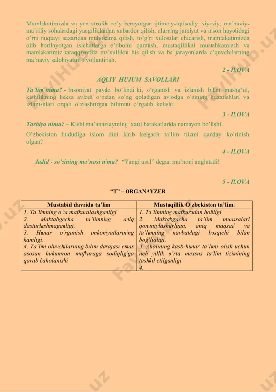 avlodi o‘zidan so‘ng qoladigan avlodga o‘zining kuzatishlari va izlanishlari orqali o‘zlashtirgan bilimini o‘rgatib kelishi. 3 - ilova tarbiya nima? – kishi ma’anaviaytning xatti harakatlarida namayon bo’lishi. o’zbekiston hududiga islom dini kirib kelgach ta’lim tiizmi qanday ko’rinish olgan? 4 - ilova jadid - so’zining ma’nosi nima? “yangi usul” degan ma’noni anglatadi! 5 - ilova “t” – organayzer mustabid davrida ta’lim mustaqillik o’zbekiston ta’limi 1. ta’limning o’ta mafkuralashganligi 2. maktabgacha ta’limning aniq dasturlashmaganligi. 3. hunar o’rganish imkoniyatlarining kamligi. 4. ta’lim oluvchilarning bilim darajasi emas asosan hukumron mafkuraga sodiqligiga qarab baholanishi 1. ta’limning mafkuradan holiligi 2. maktabgacha ta’lim muassalari qonuniylashtirlgan, aniq maqsad va ta’limning navbatdagi bosqichi bilan bog’liqligi. 3. aholining kasb-hunar ta’limi olish uchun uch yillik o’rta maxsus ta’lim tizimining tashkil etilganligi. 4. 1-ilova mavzu: o‘zbekiston respublikasida ta’lim taraqqiyoti. reja. 1. o’zbekiston hududida ta’lim tizimining paydo bo’lish va rivojlanish tarixi. 2. o’zbekistonning sobiq ittifoq davridagi ta’lim tizimi. 3. mustaqillik yillarida ta’lim tizimida amalga …