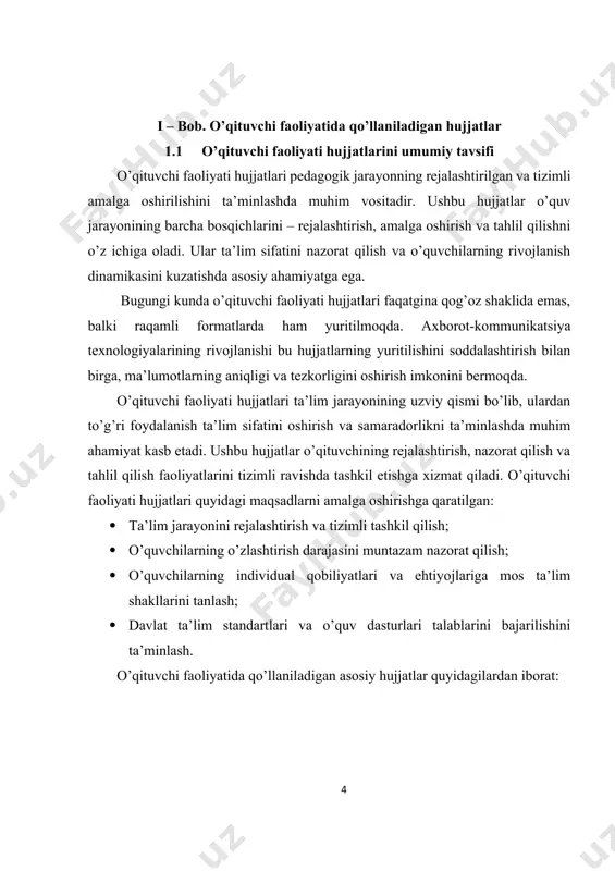 ozlar ro’yxati; · o’quvchilar faoliyatini baholash usullari. bu hujjat darsning samaradorligini oshirish va o’quvchilarning faol ishtirokini ta’minlashda muhim ahamiyatga ega. sinov va baholash hujjatlari: o’quvchilarning bilim va ko’nikmalarini baholash uchun testlar, nazorat ishlari, loyiha topshiriqlari va baholash me’zonlari ishlab chiqiladi. bu hujjatlar o’quvchilarni ob’ektiv baholash imkonini beradi va ularning bilimlaridagi bo’shliqlarni aniqlashga yordam beradi. sinf jurnali: ta’lim jarayonining asosiy hujjati bo’lib, dars o’tkazilganlik holati, o’quvchilar davomati va ularning baholari qayd etiladi. hozirgi kunda ko’plab ta’lim muassasalarida elektron sinf jurnallari joriy etilgan bo’lib, ular ma’lumotlarni saqlashni soddalashtiradi va o’qituvchilar faoliyatini optimallashtiradi. o’quv dasturlari va davlat ta’lim standartlari: bu hujjatlar o’qituvchiga dars mazmuni va o’quvchilar o’zlashtirishi lozim bo’lgan bilimlarni aniq belgilab beradi. sinfdan tashqari tadbirlar hujjatlari: bu hujjatlar o’quvchilarning ijodiy qobiliyatlarini rivojlantirishga, milliy qadriyatlarni targ’ib qilishga va ular bilan ijtimoiy ishlarni amalga oshirishga qaratilgan tadbirlarni tashkil qilishda yordam beradi. o’qituvchi faoliyatida hujjatlar quyidagi funksiyalarni bajaradi: ma’muriy-boshqaruv funksiyasi: o’quv jarayonini davlat ta’lim standartlari …