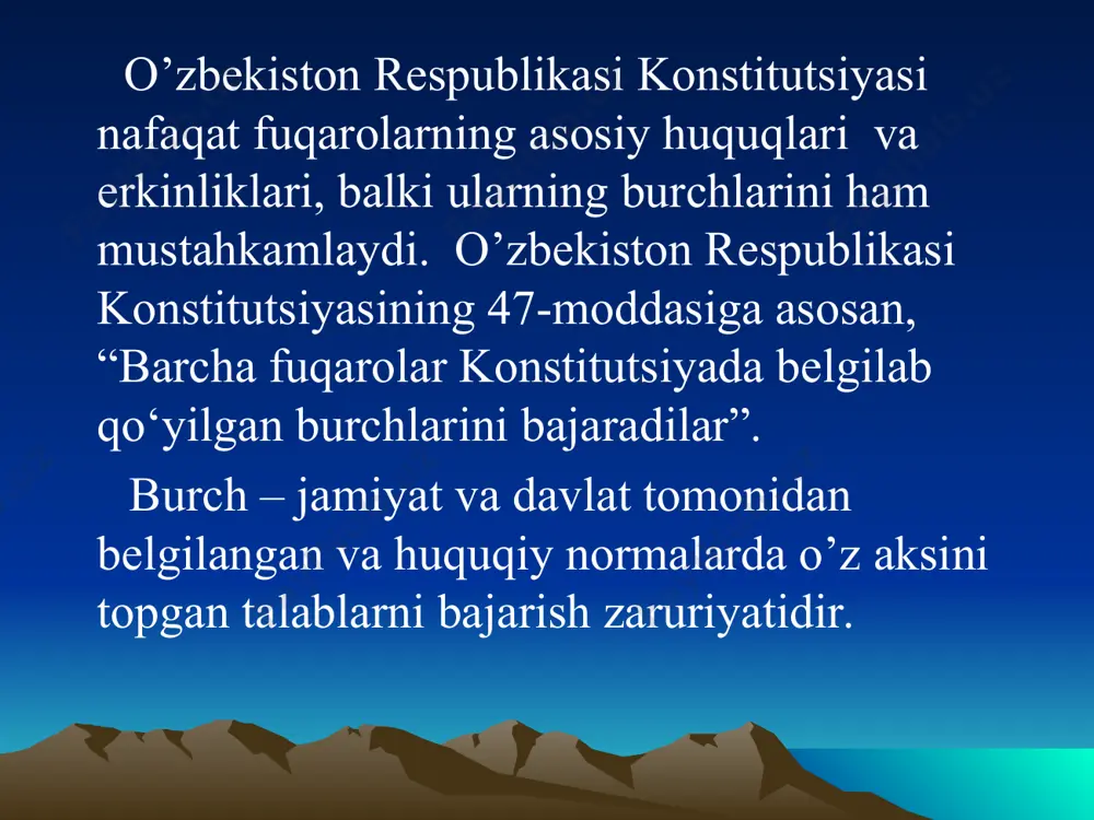 shi talab etiladi. burch ixtiyoriy bajarishga havola qilinadi, ixtiyoriy bajarilmaganda jinoiy, ma’muriy jazolar qo‘llaniladi. burchni bajarish barcha uchun majburiy, ayrim burchlar esa alohida fuqarolarga taalluqlidir. masalan, harbiy xizmatni yoki muqobil xizmatni o‘tash burchi hammaga ham taalluqli emas. xuddi shuningdek, qonunda belgilangan soliqlar va mahalliy yig‘imlarni hech qanday daromadga ega bo‘lmaganlar to‘lamaydi. fuqarolarga yashash, mehnat qilish, bilim olish va boshqa faoliyatlari bo‘yicha ko‘plab burchlar belgilangan. konstitutsiyada esa jamiyat va davlat hayoti uchun umumiy va eng zarur, qilinishi majburiy yoki qilish mumkin bo‘lmagan xattiharakatlar burch sifatida belgilangan. shuning uchun ular mazmuni, amal qilish doirasi, ahamiyati nuqtayi nazaridan asosiy burchlar, deb ataladi. fuqarolarning «konstitutsiyaviy burchi» yoki «asosiy burchi» bir ma’noda ishlatiladi va tushuniladi. asosiy burchlarning bajarilishidan jamiyat a’zolari, davlat birdek manfaatdordir. yana burchlarning ixtiyoriy va to‘la bajarilishi jamiyat rivojlanishiga ijobiy ta’sir qiladi. konstitutsiyaning 48-moddasida “fuqarolar konstitutsiya va qonunlarga rioya etishga, boshqa kishilarning huquqlari va erkinliklari, sha'ni va qadr-qimmatini hurmat qilishga majburdirlar”. demak, har …