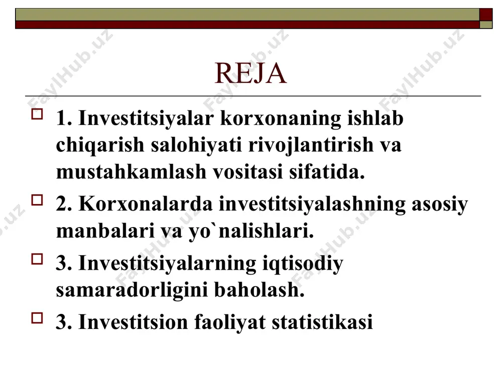 a texnik jihatdan qayta qurollantirish; harakatdagi quvvatlarni takomillashtirish. yangi qurilishga yangi maydonlarda maxsus ishlab chiqilgan loyihalar asosida quriluvchi korxona, bino, inshoot va qurilmalar mansubdir. faoliyat yuritayotgan korxonani kengaytirish qo`shimcha ishlab chiqarish majmualarining navbatdagi qismlarini yangi loyiha asosida qurish yoki asosiy, qo`shimcha, yordamchi va xizmat ko`rsatuvchi ishlab chiqarishning amaldagi sexlarini kengaytirish yoki qurishni anglatadi. u asosan, faoliyat yuritayotgan korxona hududida yoki unga tutash maydonlarda amalga oshiriladi. investitsiyalarning har xil turlari uchun turlicha baholash usullaridan foydalanish lozim, bu esa axborot ta`minotining turli darajada bo’lishiga bog’liq. dastlabki real investitsiyalarni baholashda xususiy qarorlar, odatda, jo’n usullar bilan qabul qilinadi. xususiy qarorlarni qabul qilishda investitsiya resurslari qiymatini baholashning quyidagi usullaridan foydalanish mumkin: statistik usullar. bu usullarda vaqt omili hisobga olinmaydi yoki to’liq darajada hisobga olinmaydi. bularning uchta usullari mavjud: xarajatlarni taqqoslash; foydani taqqoslash; rentabellikni taqqoslash (investitsiyalar bilan bog’liq risklarni aks ettiradigan xarajatlarning qoplanish usuli). sof diskontlangan daromad butun hisobot davri uchun joriy samaralar yig’indisining boshlang’ich …
