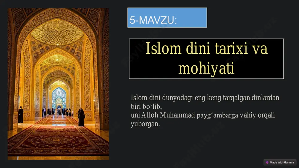 shunishda muhim rol oʻynaydi. 4 izohlar tafsir ilmi oyatlarga turli xil izohlar va talqinlarni taqdim etadi. tafsir ilmi kelib chiqishi va rivojlanishi jarayonida bir necha qismlarga bo‘lingan: birinchi qism – “tafsir bil maʼsur”. bu qismdagi tafsirda mufassir qurʼoni karim oyatlarini rivoyat qilgan sahih hadislar va sahobalarning qavllari bilan tafsir qiladi. ikkinchi qism – “tafsir bir – ray”. bu qismda mufassir o‘z fikri va ijtihodi ila tafsir qiladi uchinchi qism – “tafsiri ishoriy”. bu qismda mufassir oyatning zohiriy maʼnosiga qaramay, uning maxfiy ishoralari taqozasi bilan tafsir qiladi. islоm tа’limоti iymоn ehsоnislоm 1) аllоhgа (u yakkа, bаrchа mаvjudоtlаrni yarаtgаn, u nuqsоnsiz) ishоnish. 2) fаrishtаlаrgа (u yemаydi, ichmаydi, uхlаmаydi: jаbrоil, mikоil, isrоfil, аzrоil) ishоnish. 3) muqаddаs kitоblаrgа (tаvrоt, zаbur, injil, qur’оni kаrim) ishоnish. 4) pаyg`аmbаrlаrgа (25 tа, turli bo`lаdi: а) rаsullаr; b) nаbiylаr) ishоnish 5) охirаt kunigа ishоnish. 6) taqdirga (yaxshilik ham yomonlik ham allohdan ekanligiga) 7) qayta tirilishga 1. iymоn (e’tiqоd, ichki …