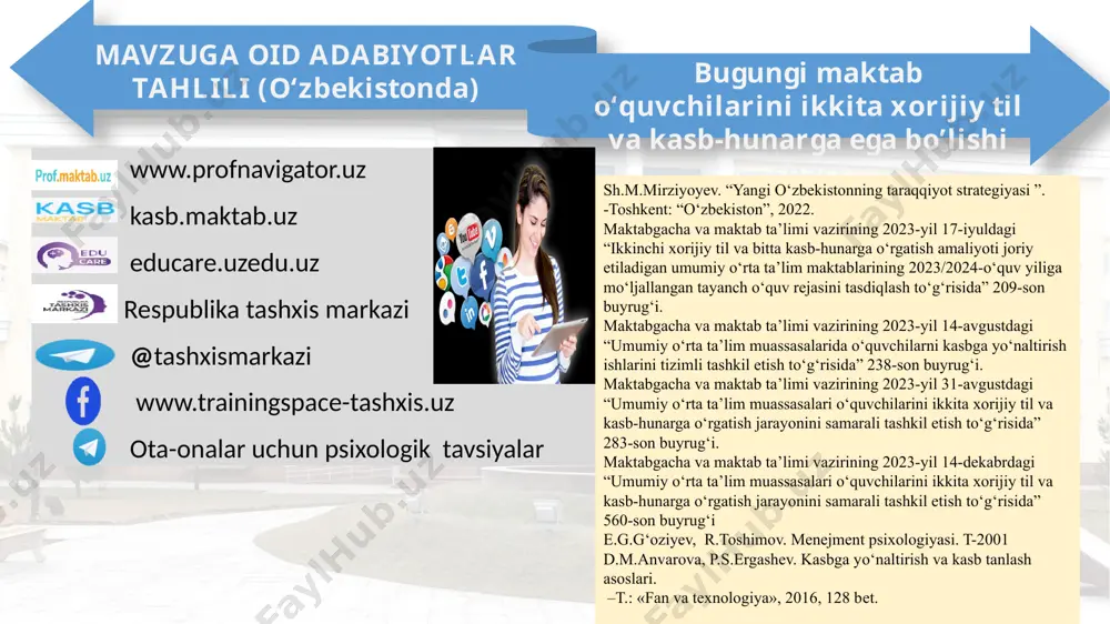 kasbda o'z kuchlarini sinab ko'rishadi. har bir o‘quvchiga nisbatan fikrlar o‘qituvchilar va psixologlar tomonidan baholanadi germaniyada kasbga yo‘naltirish bilan mehnat birjalari shug‘ullanadi, ularning ishini federal bandlik va ishsizlik sug‘urtasi idorasining kasbga yo‘naltirish boshqarmasi tomonidan muvofiqlashtiriladi. qiyosiy tahlil etilganligi; 8 amaldagi holat (o‘zbekistonda) amaldagi holat (xorijda) taklif maktab o‘quvchilarining kasbga yo‘naltirib o‘qitish ishlari samaradorligini oshirish maqsadida, kasb.maktab.uz va profnavigator.uz elektron platformalari yaratilgan. bu platformalar orqali o‘quvchilar test topshirib, o‘zlarining qaysi kasbga qobiliyatli ekaniligini aniqlashi imkoniyatlari yaratilganligini ko‘rishimiz mumkin. maktab o‘quvchilarini kasb yo‘naltirish maktab va oila hamkorlikda ishlashadi. yaponiyada o‘quvchilarni kasbni tanlashga tayyorligini shakllanishini baholovchi test ishlab chiqilgan. bu test "f-test" (fukuyama-test) deb nom olgan. muallif kasb tanlashning uchta asosiy omillar belgilaydi: a) o‘z-o‘zini tahlil qilish, b) kasblarni tahlil qilish, c) professional sinovlar (o‘zini kasblarda sinab ko‘rish). hududlar kesimida kasbga o‘qish markazlari bilan hamkorlikda ishlash tizimini joriy etish. maktablarda har oy potentsial ish beruvchilar bilan uchrashuvlar o'tkazilmaydi. bizda maktabgacha yoshdagi bolalardan kasbga …