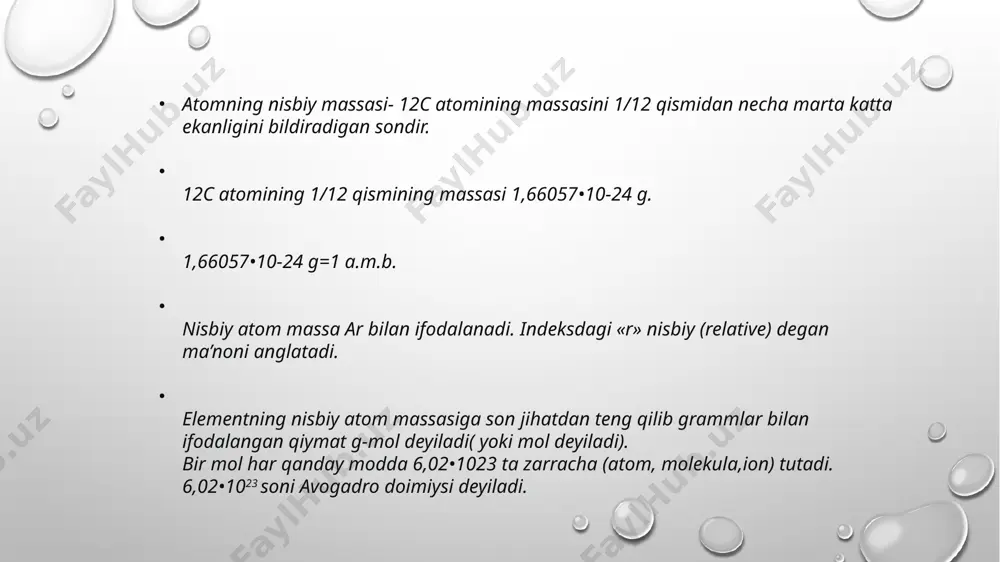 ianti 1871 yilda e'lon qilindi. bu variantda o'zaro o'xshash elementlar vertikal qatorlarga joylashgan. d.i.mendeleyev bitta vertikal qatorga joylashgan o'xshash elementlarni gruppa deb, xar qaysi ishkoriy metalldan galogengacha bo'lgan elementlar qatorini davr deb atadi. d.i.mendeleyev dastlab taklif kilgan davriy sistemaga keyinchalik birmuncha o’zgarishlar kiritilib, davriy sistemaning xozirgi variantlari tuzildi. u yettita davr va sakkizta gruppadan iborat. image3.png image4.jpeg image5.jpeg image6.jpeg image7.jpeg image8.jpeg image1.png /docprops/thumbnail.jpeg