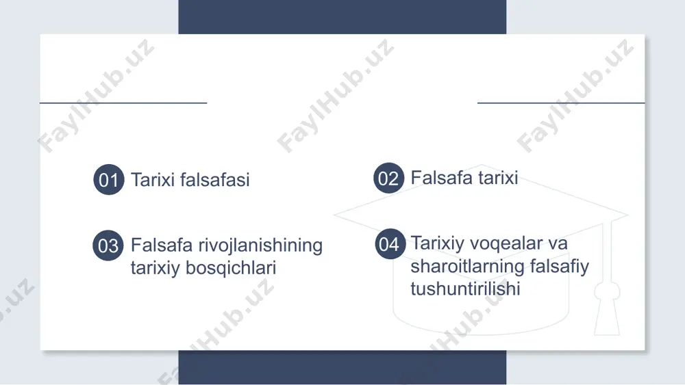 oni sifatida ko‘radi. gegelning dialektikasi va marksning tarixiy materializmi asosida shakllangan. 5 falsafa tarixi 02 falsafa tarixi bu falsafaning tarixiy rivojlanishi haqidagi umumiy ilmiy yondashuv bo‘lib, u falsafaning rivojlanish jarayonini falsafiy nuqtai nazardan o‘rganadi. asosiy mazmuni: tarixiy voqealar va sharoitlarning falsafiy tushuntirilishini o‘rganadi. 02 falsafa tarixi 1 2 3 4 1. falsafiy g‘oyalar rivojlanishini o‘rganish: falsafiy tushunchalar va tizimlarning paydo bo‘lish sabablari va sharoitlarini o‘rganadi. 2. mutafakkirlarning ta’sirini o‘rganish: ayrim faylasuflarning keyingi avlodlarga va umumiy falsafiy tafakkurga bo‘lgan ta’sirini tahlil qiladi. 3. zamonaviy falsafaning ildizlarini anglash: hozirgi zamon falsafiy tushunchalarining tarixiy ildizlarini ochib beradi. 7 02 falsafa tarixi 1. antik falsafa (miloddan avvalgi vii asr – milodiy v asr) asosiy xususiyat: koinot, inson va mavjudlikning asosiy tamoyillarini tushuntirishga qaratilgan. 2. o‘rta asr falsafasi (v – xv asr) asosiy xususiyat: diniy tafakkur hukmronligi, ilohiyot va falsafa uyg‘unligi. mashhur faylasuflar: avgustin, foma akvinskiy – xristian falsafasi. 3. uyg‘onish davri falsafasi (xiv – …