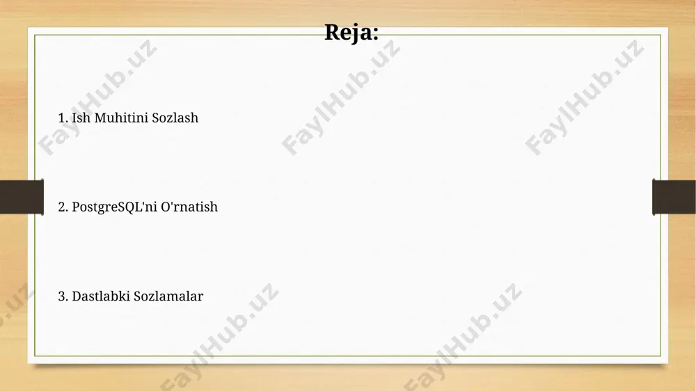 masligi va har 90 kunda bir marta o'zgartirilishi kerak. bunday siyosatlar, toshkentdagi ko'plab kompaniyalarda qo'llaniladi. o'rnatish faylini ishga tushirish o'rnatish faylini ishga tushirish jarayoni operatsion tizimga (masalan, windows 10 yoki ubuntu 22.04) va postgresql versiyasiga (masalan, 15 yoki 14) bog'liq holda farq qilishi mumkin, shuning uchun tegishli hujjatlarni diqqat bilan o'qing. o'rnatish faylini ishga tushirish vaqtida sizdan parol va boshqa sozlamalarni (masalan, ma'lumotlar bazasi nomi yoki joylashuvi) kiritishingiz so'raladi, shuning uchun bu ma'lumotlarni oldindan tayyorlab qo'ying, masalan, toshkentdagi serverga ulanish uchun. postgresql foydalanuvchisini yaratish foydalanuvchiga ma'lum huquqlar berish uchun, masalan, "select" huquqini berish uchun, grant select on all tables in schema public to admin; buyrug'ini 5-bandda ko'rsatilganidek ishlatishingiz mumkin, bu esa ma'lumotlar bazasiga kirishni boshqarish imkonini beradi. postgresql foydalanuvchisini yaratishda, masalan, "admin" nomli foydalanuvchi uchun 1234 parol bilan, create user admin with password '1234' buyrug'idan foydalanishingiz mumkin, bu esa toshkentdagi serverda yangi foydalanuvchi yaratishga imkon beradi. postgresql yuklab olish postgresql …