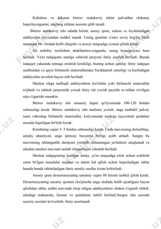 lar aniqlanadi. xulosaning oxirida tadqiqot natijalaridan kelib chikib, amaliyotchilarga uni hayotga tadbik etish buyicha tavsiyalar beriladi. shu bilan bitiruv malakaviy ishi xomaki nusxasi tayyor bo'ladi. bitiruv malakaviy ishining bu nusxasi ilmiy rahbarga ko'rsatilib uning kamchiligi va analiz joylari to'zatiladi, adabiy taxrirdan utkaziladi va oxirgi nusxasini bosish uchun mashinaga yoki kompyuterga beriladi. bitiruv malakaviy ishini yozish buyicha tavsiyalar. bitiruv malakaviy ishi adabiy bog'liq bo'lishi shart. bitiruv malakaviy ishida boshqa mualliflarning fikri va adabiyotlaridan iktisoslar qilingan bo'lsa, manbalarning to'liq ko'rsatkichlari beriladi. bitiruv malakaviy ishida keltirilgan rakamlar tadqiqot mavzusini ochib berishi kerak. bitiruv malakaviy ishi matni, undagi jadval, diogramma,rasm va kurgazma materiallar nashrga tayyorlash qoidalariga muvofiq bo'lishi shart. bitiruv malakaviy ishi yozgan talaba kulida kolgan nusxasini ukib, ma'ruzani qisqacha matnini yozadi va ximoyaga ruxan tayyorlaydi. ximoya vaktida tadqiqotchining o'zini bardam tutib, xotirjamlik bilan ma'ro'za qilib beradi. tushgan savollarni yozib olib, javob berishga tayyorlaydi. savollarga javoblar qisqacha, lunda, maqsadga yunaltirilgan va malakali bo'lishi kerak. …