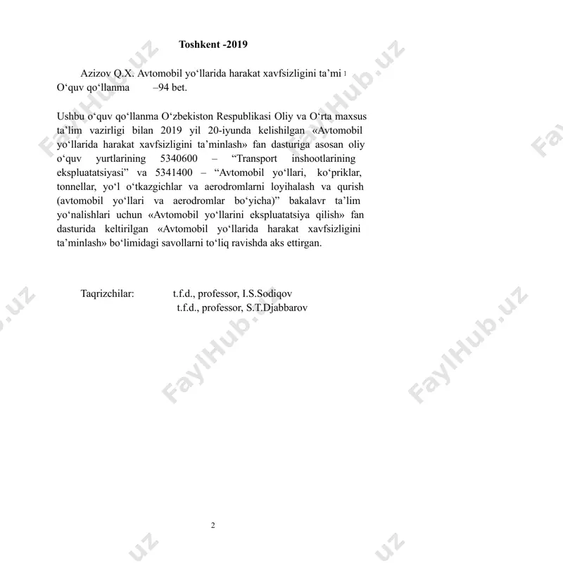 natijasida ko‘plab odamlarning jabr ko‘rishlari va hayotdan ko‘z yumishlaridir. yo‘l-transport hodisalarining oldini olish uchun ko‘rilayotgan qator tadbirlarga qaramasdan, ularning miqdori kamayishiga erishib bo‘lmayapti. bu esa, yo‘l harakati xavfsizligi muammolariga 4 o‘ta jiddiy yondoshish zarur ekanligini mutaxassislar oldiga vazifa qilib qo‘ymoqda. buning uchun yo‘l harakati xavfsizligi bo‘yicha mutaxassislar yo‘l harakatining asosiy ko‘rsatkichlarini, yo‘llardagi sharoitlarning transport oqimlari harakatlariga qanday ta’sir ko‘rsatishlarini, transport oqimlarini boshqarishning texnik vositalari orqali yo‘l harakatini boshqarish bo‘yicha bilimlarga ega bo‘lishlari zarur. bulardan tashqari, yo‘l harakati bo‘yicha mutaxassislar avtomobil yo‘llarida sodir etilayotgan yo‘l-transport hodisalarini atroflicha o‘rganishlari uchun ularning turlari, miqdorlari haqida ma’lumotga ega bo‘lishlari, ythlarini yig‘ish tizimi, ularni hisobga olish tartiblarini va ularni tahlil etish usullarini mukammal bilishlari zarur. bu masalalarni o‘rganish keltirilgan o‘quv qo‘llanmada o‘z aksini topgan. shunigdek bu o‘quv qo‘llanmada xavfsiz harakatni tashkil etishda «a-h-y- p-m» tizimini o‘zaro bog‘liqligi va ularni yth vujudga kelishidagi o‘rni, yo‘l harakatini boshqarishning texnik vositalari, avtomobil yo‘llarini ekspluatatsiya qilishda harakat xavfsizligini ta’minlash, …