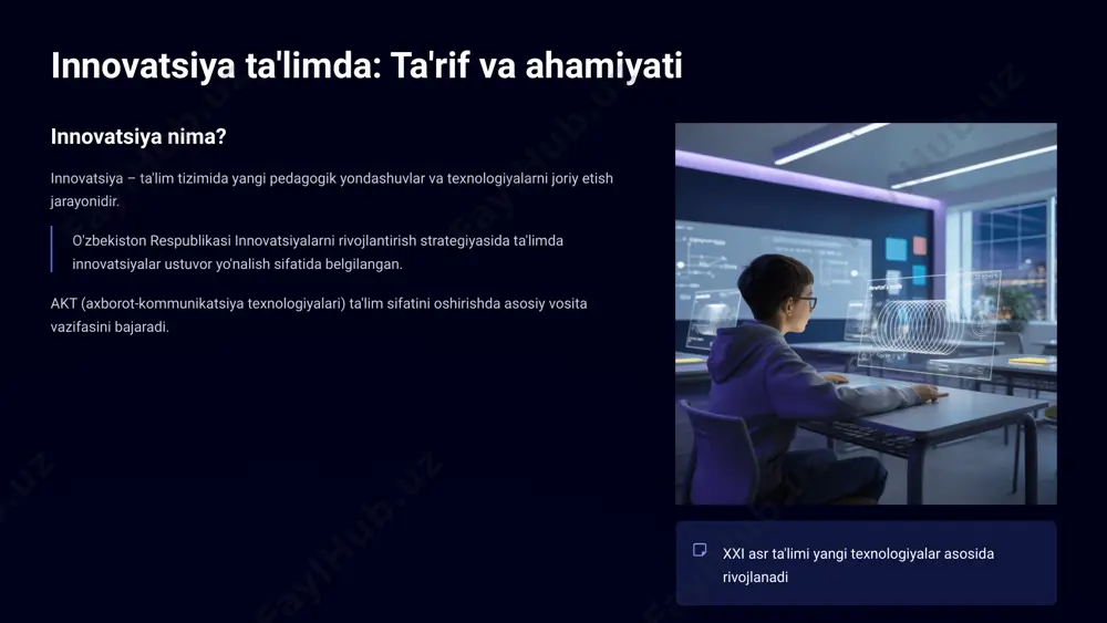 o'qituvchilarni malaka oshirish va zamonaviy metodlar bilan tanishtirishga mo'ljallangan markazlar tashkil etilmoqda 3 texnik jihozlash maktablarda interaktiv ta'lim vositalarining kengayishi va modernizatsiya jarayoni davom etmoqda o'qituvchilar uchun tavsiyalar integratsiyani rejalashtirish mustaqil ishlarni rejalashtirishda fanlararo bog'lanishni hisobga olish va mavzularni bog'lab berish akt ko'nikmalarini oshirish akt vositalaridan samarali foydalanish uchun doimiy o'qish va tajriba almashish zarur individual yondashuv o'quvchilarning individual ehtiyojlari va qobiliyatlarini inobatga olgan holda topshiriqlar berish o'quvchilar uchun foydalari mustaqil fikrlash mustaqil fikrlash va ijodiy yondashuvni rivojlantirish, o'z fikrini erkin ifodalash texnologik savodxonlik texnologiyalar yordamida bilimlarni mustahkamlash va raqamli ko'nikmalar egallash o'z-o'zini baholash o'z-o'zini baholash va o'rganish jarayonida faollik ko'rsatish qobiliyatini rivojlantirish e'tiboringiz uchun rahmat image1.png image2.png image3.png image4.png image5.png image6.png image7.png image8.png image9.png image10.png image11.png image12.png image13.png image14.png image15.png image16.png image17.png image18.png image19.png image20.png image21.png image22.png image23.png image24.png image25.png image26.png image27.png image28.png image29.png image30.png image31.png image32.png image33.png
