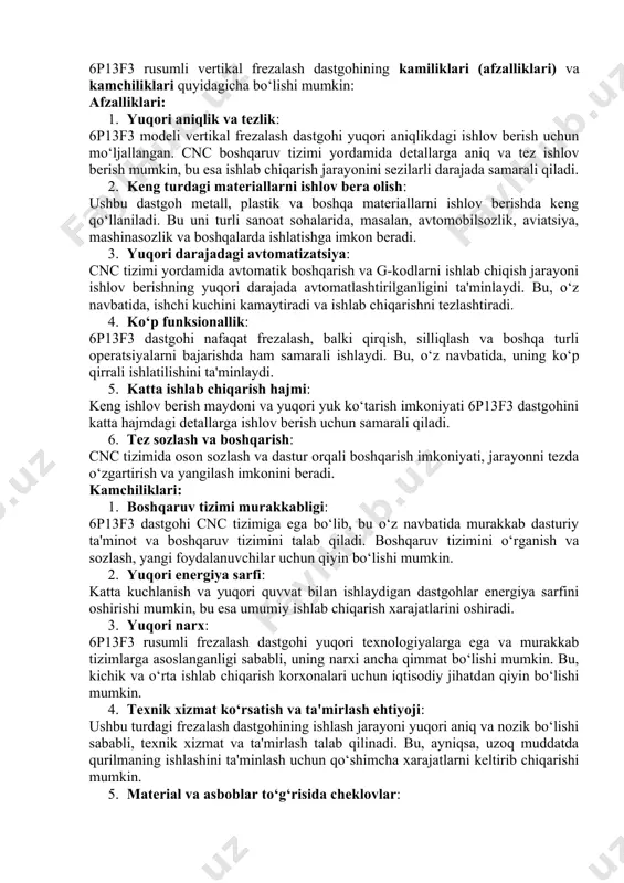 lash jarayonida yuqori haroratlar yuzaga kelishi mumkin, shuning uchun materialni sovutish uchun sovutish suyuqliklari kerak bo‘ladi. bu, ayniqsa, metallarni ishlov berishda juda muhim. frezalash va havoni quruq qilish tizimlari: havoning toza bo‘lishi va sovutish suyuqligining uzluksiz ta'minlanishi uchun tizimlar zarur. 5. xavfsizlik jihozlari: himoya ko‘zoynaklari: frezalash jarayonida parchalarning ko‘zga tushishi mumkin, shuning uchun himoya ko‘zoynaklari muhimdir. qo‘lqoplar: ishchi qo‘lqoplar ishlov berish jarayonida qo‘llaniladi. xavfsizlik belgilari va signallar: dastgoh atrofida xavfsizlikni ta'minlash uchun belgilash tizimi. 6. dasturiy ta'minot: cam (computer-aided manufacturing) dasturi: dastgohni boshqarish va g-kodlarni yozish uchun cam dasturiga ehtiyoj bor. bu dastur yordamida detalning dizayni va uning ishlov berish jarayonlari simulyatsiya qilinadi. cnc boshqaruv tizimi: cnc tizimi dastur orqali g-kodlarni o‘qib, dastgohni to‘g‘ri harakatlantirish uchun zarur. 7. yordamchi asboblar: ustaxonadagi jihozlar: detallarni o‘rnatish uchun ustaxonada ishlatiladigan barcha zarur yordamchi jihozlar (masalan, qamishlar, o‘rnatish platalari, qisqichlar va boshqalar). tashqi yordamchi asboblar: kesish asboblarini to‘g‘ri o‘rnatish va sozlash uchun kerakli asboblar. …