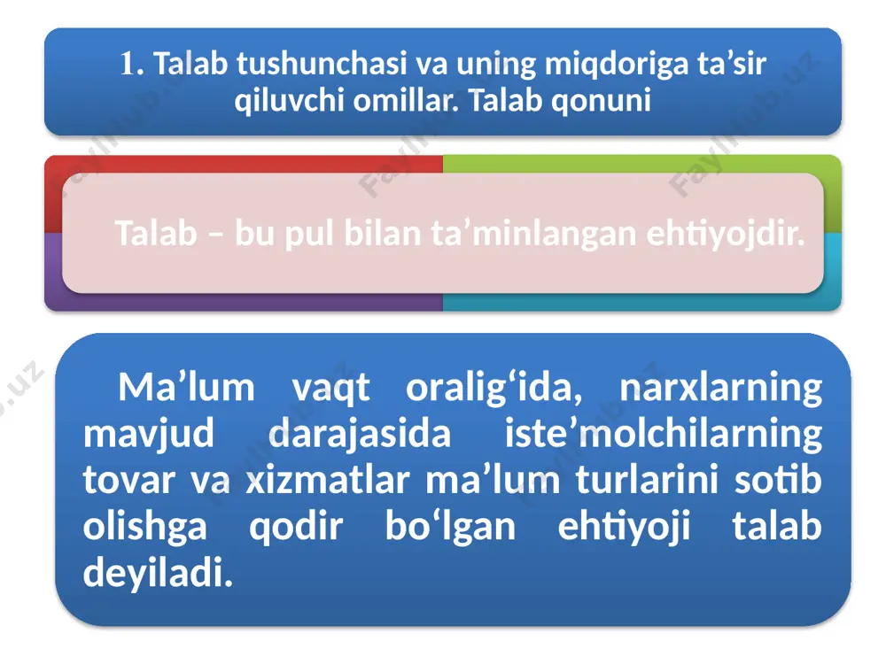 i tovarlarning narxi o‘rinbosar tovarlarning narxi kelajakda narxlarning o‘zgarishi ehtimoli narxga bog‘liq bo‘lmagan omillar: iste’molchining didi bozordagi iste’molchilar soni iste’molchining daromadlari kelajakda daromadlarning o‘zgarishi ehtimoli. 2. taklif tushunchasi. taklif miqdoriga ta’sir qiluvchi omillar. taklif qonuni ma’lum vaqt oralig‘idagi narxlarning muayyan darajasida ishlab chiqaruvchi yoki sotuvchilar tomonidan ma’lum turdagi tovar va xizmatlarning bozorga chiqarilgan miqdori taklif deyiladi. narx o‘zgarishi bilan sotishga chiqariladigan mahsulot miqdori ham o‘zgarishi sababli talab kabi taklifning ham bir qator muqobil variantlari mavjud bo‘ladi. bir kilogramm kartoshka narxi (so‘m) kartoshkaning yakka taklifi miqdori (bir oyda kilogramm) kartoshkaning bozor taklifi miqdori (bir oyda tonna) 700 600 500 400 300 60 50 30 20 10 60 50 30 20 10 700 600 500 400 300 200 100 0 10 20 30 40 50 60 q, tonna d narx va taklif miqdori o‘rtasidagi bog‘liqlik hamda taklif egri chizig‘i р s р s taklif qonuni narxning o‘zgarishi bilan taklif etilayotgan tovar miqdorining …