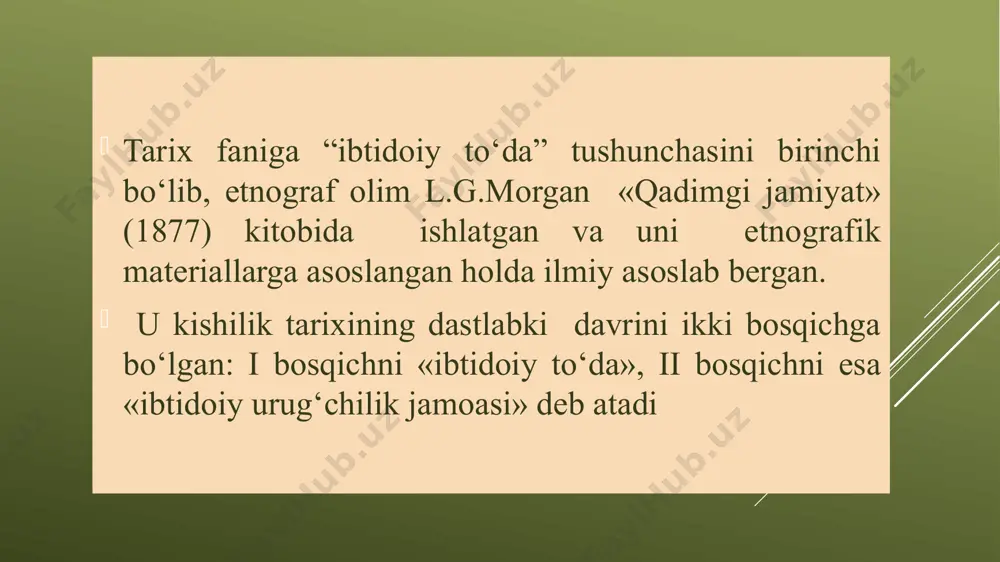 gаnlаr. qo’lbulоq mаkоni pitekantroplar yer kurrasining mo’tadil iqlim bo’lgan joylarida tarqalganlar. ularning yashash davri 1,0-0,7 mln.yillarga to’g’ri keladi. pitekantrop qadimgi odamlar: pitekantroplar, arxantroplar, sinantroplar (homo erectus) sinantrop sinantrop –ilk bor topilgan joyiga nisbatan nomlangan. sianantroplar olovdan foydalanishni bilishgan. toshdan qurollari yasashgan. yashagan davri –miloddan avvalgi 600 ming yillar. sinantrop sinantroplarning tanasi va miya qutisining kattalashishi bilan birga ular aqlidada ham keskin o’zgarishlar sodir bo’lgan. ular tashqi obrazlarni qabul qilganlar, so’zlashganlar va tashqi dunyoni boshqarganlar. sinantrop ayni shu ajdodimiz olovni kashf etdi va uni o’zlashtirdi.olovni ixtiro qilgan odam ob-havoga mutelikdan xalos bo’ldi. shu bois muzlik davri boshlanishidan oldin o’z jonini saqlab qoldi. neandertal dastlabki aqlli odamlar odatda ularni ilk bor topilgan joyiga nisbatan neandertallar deb ataganlar. ularni paleoantroplar ya’ni qadimgi odamlar deb atash to’g’riroqdir. bular o’rta bo’yli, ammo yirik suyakli, haddan tashqar kuchli, atletik qad-qomatga ega bo’lganlar. neandertal vakillari suyak qoldiqlari amerika va avstraliya qit’alaridan tashqari ko’hna dunyoning barcha qismlarida istiqomat …