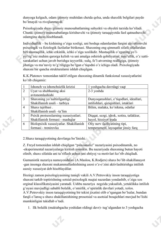 nat tufayli hayvonot olamidan ajralib chiqqan va jamiyatda rivojlanuvchi, til yordamida boshqa odamlar bilan munosabatga kirishuvchi odam shaxsga voqelikni biluvchi hamda aktiv o’zgartiruvchi subyektga aylanadi. shaxs tushunchasini to’la bilish uchun avvalambor, “individ”, “shaxs” va “individuallik” tushunchalarini ko’rib chiqamiz. individ – bu biologic, fiziologik, ijtimoiy, psixologik xususiyatlari birligida aloxida olingan insondir. individ bo’lib dunyoga kelgan insonni shaxs bo’lib shakillanishi uchun bir qancha shartlar zarur bo’ladi: 1 ijtimoiylik individ ijtimoiy sharoitda, ya’ni kishilik jamiyatida shaxs bo’lib shakillanadi 2 ongga ega bo’lish tevarak – atrof to’g’risida bilimga ega bo’lish, o’zlikni anglash, bilish faoliyat maqsadlarini shakillanishi 3 aktivligi faoliyat maqsadlariga erishishga yo’naltirilganligi 4 ehtiyojlarining shakillanishi avvalambor ma’naviy, madaniy, o’z-o’zini mukammallashtiradigan ehtiyojlarni rivojlanishi har bir individ yoshlik chog’idayoq tayyor holdagi ijtimoiy munosabatlar tizimiga duch keladi va bu munosabatlar jarayonida shaxs sifatida shakillanadi. shuning uchun ham shaxs ijtimoiy munosabatlarining majmuidan iboratdir. shaxs va uning mohiyati haqidagi psixologik ta’limotga muvofiq har bir konkret shaxs o’zi mansub bo’lgan …