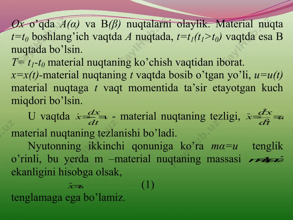 esa u(t) ning bo’lakli-silliqligi talab qilinadi. nazariy tadqiqotlarda boshqarishlarning kengroq sinflari, masalan chegaralangan o’lchovli funksiyala r fazosi yoki ],[ 10 ttl m p fazolar qaraladi. biz quyidagi asosan bo’lakli -uzluksiz boshqarishlar sinfidan foydalanamiz. shunday qilib, biror n rx 0 nuqta va u=u(t) bo’lakli uzluksiz boshqarish berilgan bo’lsin. u v aqtda (7) koshi masalasining yechimi x=x(t) deb,   t t tttxduxftx 0 10 0 ,)),(),(()(  (8) tenglamaning uzluksiz yechimini tushunamiz. bu yechimni x(t,x 0 ,u) deb belgilaymiz. x(t 0 ,x 0 ,u)- obyekt trayektoriyasining chap uchi, x(t 1 ,x 0 ,u)- trayektoriyaning o’ng uchi deyiladi. agar nituxf i ,1),,,(  funksiyalar barcha ],[,, 10 tttrurx mn  bo’yicha o’zining ),,,(tuxf ixj xususiy hosilalari bilan uzluksiz bo’lsa, (8) tenglamaning x(t 0 )=x 0 shartni qanoatlantiruvchi yechimi mavjud va yagonadir. biror vr m to’plam berilgan bo’lsin. shu v to’plamdan qiymatlar qabul qiluvchi ],[),( 10 ttttuu  bo’lakli-uzluksiz boshqaruvlarni joyiz boshqaruvlar deb …