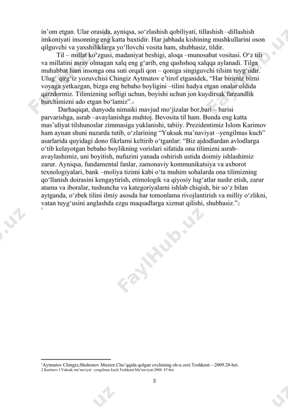 ng o‘sha davrdagi rahbarlari ikki tilga–o‘zbek va rus tillariga davlat tili maqomini berish g‘oyasini zo‘r berib targ‘ib qilganlar, hatto ana shunday g‘oya asosidagi qonun loyihasi ham e’lon qilingan. xayriyatki, 1989–yilning iyun oyida muhtaram islom karimov respublikaning birinchi rahbari sifatida ish boshladi. u kishining bevosita tashabbusi va jasorati bilan mazkur ikki tillilik g‘oyasi butunlay barham topdi, o‘zbek tilining qonuniy huquqi qonunlashtirildi. prezidentimiz alohida ta’kidlaganlaridek, “bu vatanimiz tarixida tom ma’nodagi buyuk voqea edi”.3 ayni paytda prezidentimiz iftixor bilan shunday yozadilar: “1992 –yil 7– dekabrda qabul qilingan o‘zbekiston respublikasi konstitutsiyasida davlat tilining maqomi huquqiy jihatdan aniq belgilanib, mustahkamlab qo‘yildi. shu tariqa o‘zbek tili mustaqil davlatimizning bayrog‘i, gerbi, madhiyasi, konstitutsiyasi qatorida [footnoteref:2] [2: 3 islom karimov.yuksak ma’naviyat-yengilmas kuch.toshkent: ma’naviyat ,2008,85-bet.] turadigan, qonun yo‘li bilan himoya qilinadigan muqaddas timsollaridan biriga aylandi”.4 bugun o‘zbekistonda yurtboshimiz rahnamoligida benihoya xolis va odil til siyosati shakllangan, bu siyosatni hayotga joriy qilish borasida ishlab chiqilgan aniq chora -tadbirlar muntazam amalga …