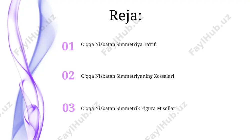 , bu esa toshkentdagi zamonaviy me'moriy dizaynda ko'p uchraydi. murakkab shakllarning, masalan, 5 tomonli yulduzning, o'qqa nisbatan simmetriyasi samarkanddagi tarixiy binolarning bezaklarida 15-asrda keng qo'llanilgan. murakkab shakllarda, xususan, 3 ta o'qqa nisbatan simmetriya mavjud bo'lganda, bu shaklning muvozanatli va uyg'unligini, masalan, buxoroning madaniy merosiga misol bo'ladigan naqshlarda namoyon bo'lishini ko'rsatadi. o'qqa nisbatan simmetriyaning amaliy qo'llanilishi o'qqa nisbatan simmetriya 2d dizaynda, masalan, toshkentdagi 50 metrlik bino fasadini loyihalashda, muvozanat va go'zallikni ta'minlashda qo'llaniladi, bu esa 2 o'q bo'yicha simmetriya bilan ifodalanadi. samarqanddagi registon maydonidagi me'moriy inshootlarning 16-asrga oid nosimmetrik tuzilmalari, o'qqa nisbatan simmetriyaning tarixiy amaliy qo'llanilishini yaqqol namoyon etadi. avtomobil sanoatida, masalan, 1000 dan ortiq qismlardan iborat avtomobil korpusining loyihalashida, o'qqa nisbatan simmetriya avtomashinaning muvozanatini va aerodinamikasini yaxshilash uchun muhim ahamiyatga ega. o'qqa nisbatan simmetriyaning asosiy xossalari o'qqa nisbatan simmetriyada 2 o'lchovli figuradagi har bir nuqta o'qqa perpendikulyar bo'lgan to'g'ri chiziqda yotuvchi va o'qdan teng masofada joylashgan boshqa nuqtaga ega bo'ladi, …