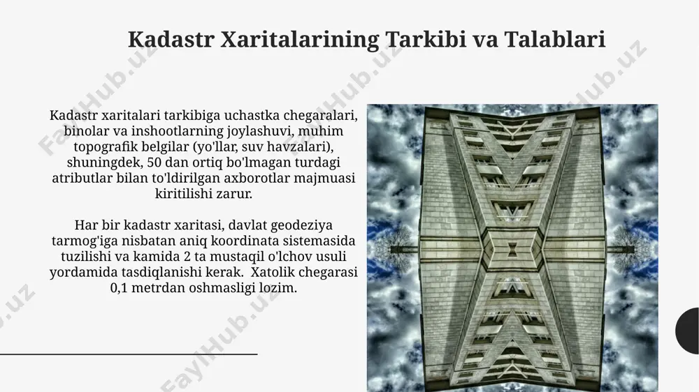 va inshootlar kadastri davlat tomonidan nazorat qilinadi va bu ma'lumotlar soliq hisob-kitoblari, mulk huquqlarini ro'yxatdan o'tkazish va boshqa 20 dan ortiq yuridik jarayonlar uchun muhim ahamiyatga ega. kadastr ma'lumotlar bazasi binoning maydoni (kv.m), balandligi (m), qurilgan yili va boshqa 10 dan ortiq muhim texnik parametrlarni o'z ichiga oladi. kadastr va davlat boshqaruvining o'zaro aloqasi davlat boshqaruvi, kadastr ma’lumotlaridan foydalanib, soliqlarni hisoblashda aniqlikni 15% ga oshirib, byudjetga qo‘shimcha 5 milliard so‘m mablag’ jalb qiladi. kadastr ma’lumotlari, davlat yer resurslarini boshqarish tizimiga 30% gacha samaradorlikni oshirish orqali, 1000 ga yaqin yer uchastkalari ro‘yxatini aniqlashtirishga yordam beradi. bino va inshootlarning xaritalarini tuzuvchi dasturlar bim dasturlari, masalan, revit yoki archicad, 3d modellashtirish va 2d chizmalar yaratish bilan bir qatorda, binolar va inshootlarning aniq georeferensiyalangan xaritalarini avtomatik ravishda generatsiya qilish imkoniyatini beradi. autocad kabi cad dasturlari, inshootlarning topografik xaritalari bilan integratsiya qilish imkoniyatini taqdim etib, 2000 dan ortiq qatlamlarni qo'llab-quvvatlaydi va shuningdek, geodezik ma'lumotlarni qo'shish …