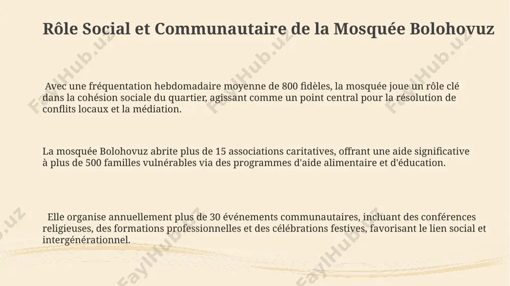 es, attestant d'un savoir-faire artisanal de haut niveau, caractéristique de l'époque pré-coloniale. la mosquée bolohovuz, construite au 16ème siècle, témoigne d'une architecture ottomane influencée par les styles locaux, présentant des éléments décoratifs uniques qui reflètent la richesse culturelle de la région et son artisanat. la mosquée bolohovuz aujourd'hui des travaux de rénovation, achevés en 2018, ont amélioré l’infrastructure, notamment l'ajout de 2 salles de classe pour les cours de religion islamique, augmentant sa capacité d'accueil. la mosquée bolohovuz, aujourd'hui, accueille environ 300 fidèles pour les prières du vendredi, reflétant une communauté musulmane active et dynamique dans le quartier. le minaret, haut de 25 mètres, est un élément architectural clé, visible de loin, et symbolise l'importance de la mosquée dans le paysage urbain local. merci pour votre attention @taqdimot_robot