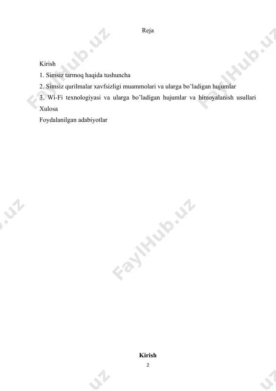 lab aloqalarni faqat sim ulagichlar orqali amalga oshirilar edi. ushbu simlar foydalanuvchilarni aloqa markazlari orqali bir-biri bilan bo’glagan va shu tariqa shaxarlar, davlatlar orasida aloqa o’rnatilgan. hozirgi kunda bunday simlarni zamonaviy ko’rishdagi maxsulotlaridan foydalaniladi. bularga misol qilib optik tolali simlarni keltiramiz. bu bir qancha qulayliklarga ega. lekin shunday tolali aloqalar ham zamon talablariga javob bera olmayapti. chunki bu sim orqali aloqasining o’ziga bog’liq bir qancha noqulayliklari bor. bularga misol keltirsak, bu simlarni qandaydir aloqa markazlarigacha tortib olib borish, simlarni joylashtirishdagi noqulayliklar va hokazo. bundan tashqari simlarni tayyorlash uchun ham xom ashyolar sarf bo’lishi kabi moliyaviy noqulayliklari mavjud. shunday noqulayliklar va moliyaviy zararlardan qochgan holda yangi zamonaviy aloqa simsiz aloqalar ishlab chiqildi. 1. simsiz tarmoq haqida tushuncha simsiz tarmoqlar odamlarga simli ulanishsiz o’zaro bog’lanishlariga imkon beradi. bu siljish erkinligini va uy, shahar qismlaridagi yoki dunyoning olis burchaklaridagi ilovalardan foydalanish imkonini ta’minlaydi. simsiz tarmoqlar odamlarga o’zlariga qulay va xoxlagan joylarida elektron pochtani …