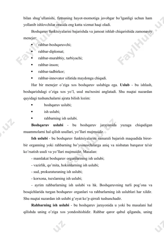 ik uslubi rahbarlarning o’z qo’l ostidagilari bilan aloqasida, ularning o’zaro munosabatlarida tarkib topadi. uslub boshqaruv organining intellektual salohiyati, sifatlari, uning individual xususiyatlari bilan belgilanadi. rahbarlik usulubiga qarab rahbarning turlarga ajratilishi rahbarlik usulubi, belgisi va bo’ysunuvchilarga nisbatan munosabatiga qarab, barcha rahbarlarni quyidagi uch turga ajratish mumkin: · avtokratik rahbar · liberal rahbar · demokratik rahbar ushbu rahbarlarning ijobiy va salbiy xislatlari, ularning ish uslublari to’g’risida 7- jadval ma'lumotlaridan ko’rishimiz mumkin. 7- jadval. rahbarlik usulubiga qarab rahbarning turlarga ajratilishi № rahbarlik turlari izoh 1. avtokratik rahbar bunday turdagi rahbar: · buyruq chiqarish, qaror qabul qilish, xodimlarga jazo berish yoki rag’batlantirishda jamoa fikrini hisobga olmaydi; · o’zini jamoadan uzoqda tutadi, jamoa a'zolarni bevosita muloqotda bo’lishini chegaralab qo’yadi; · o’zining noo’rin harakatlarining tanqid qilinishiga chiday olmaydi; · o’ziga bo’ysunuvchilarning harakatlarini keskin ravishda tanqid qilishni yaxshi ko’radi; · muttasil buyruq berishga hammani o’z istaklariga so’zsiz bo’ysundirishga intiladi; · ko’p gapirishni yoqtirmaydi, lekin bo’ysinuvchilari bilan muomalada …