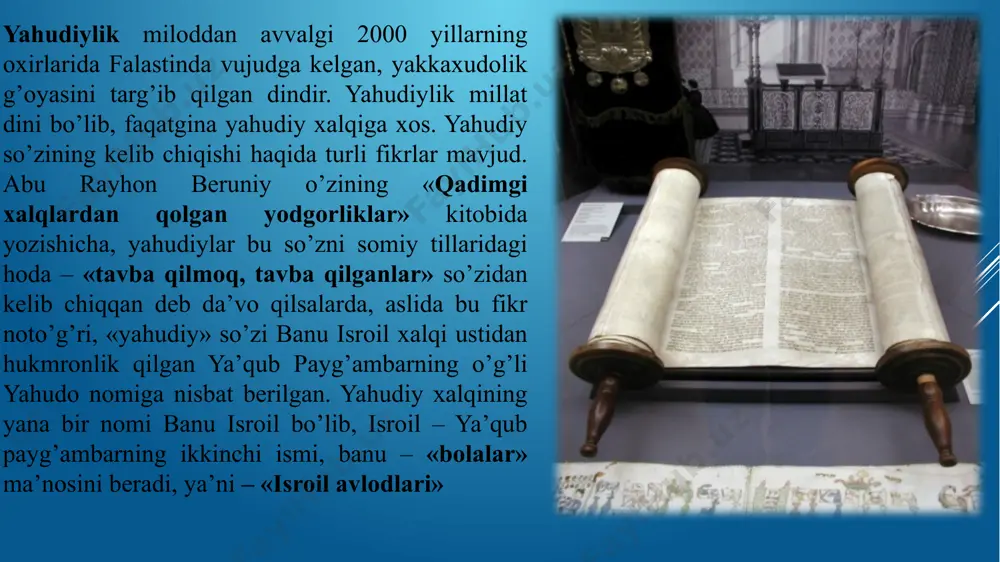 di va quyidagi kitoblarga bo’linadi: 1) «borliq» yoki «ibtido»; 2) «chiqish»; 3) «levit»; 4) «sonlar»; 5) «ikkinchi qonun» yahudiylar falastindan assuriya quvg’inlari paytida – mil. avv. viii-vi asrlarda eronga ko’chib kela boshlaganlar. erondan o’rta osiyoga esa taxminan mil. avv. v-iii asrlarida ko’chib kelgan. samarqand va buxoroda yahudiylik diniga e’tiqod qiluvchi yahudiylar yashay boshlaganlar. markaziy osiyoda yashayotgan (hozirgi kunda kam qolgan) yahudiy dindorlari orasida asosan ortodoksal shakldagi iudizm mavjud va ular shartli ravishda etnik ko’rinishlar tartibiga muvofiqto’rt xil: yevropalik, buxoro, gruzin, tog’li yoki tat yahudiylariga bo’linadi. braxmanlik veda dinlarining bir shahobchasidir. vaqt o’tishi bilan vedalardagi qo’shiqlar ommaga, hatto ruhoniylarga ham tushunarsiz bo’lib qoldi. bu qo’shiqlar hali o’zgarishga uchramay, muqaddas til va muqaddas matnlar paydo bo’ldi. nihoyat, bu tilni o’rganish uchun kishilar alohida guruhlar tuzib, maxsus vaqt ajratdilar. natijada o’z hayotlarini ibodat qilish, ilohiyot ilmini o’rganish, murakkab marosimlarni o’tkazish va xalq ruhoniy hayotini boshqarishga bag’ishlagan braxmanlar kastasi (tabaqasi) vujudga keldi. dinga xos …