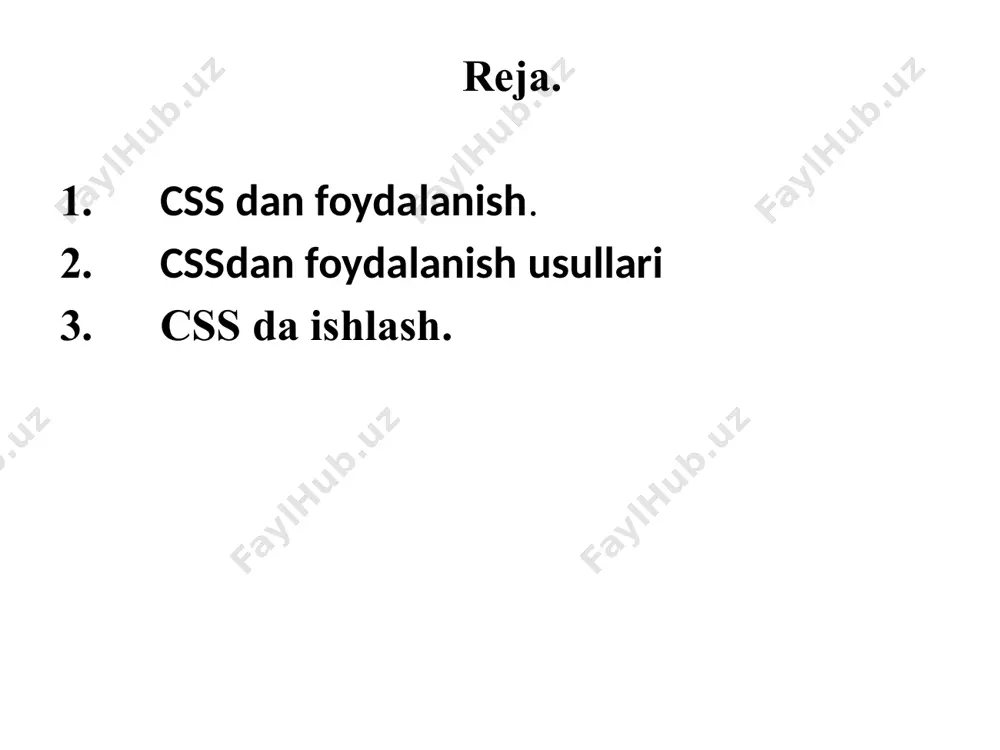 advallari bir nechta turdagi qurilmalar uchun tarkibni optimallashtirishga imkon beradi. xuddi shu html hujjatidan foydalangan holda veb-saytning turli xil versiyalari uyali telefonlar kabi qo’lda yoki qurilmalarda taqdim etilishi mumkin. savol va topshiriqlar. css haqida tushunchangiz? 2. css kengaytmasi qanday? 3. css tarixi? 4. css ning afzalliklari: stillar tavsifi alohida faylda bo’lganda, u elementiga kiritilgan elementidan foydalanib hujjatga ulanishi mumkin: ..... ..... ..... @import url(style.css); . agar stil jadvallari hujjatdan alohida joylashtirilsa, u hujjatga elementidagi @import ko’rsatmasi bilan ulanishi mumkin: e’tiboringiz uchun rahmat. /docprops/thumbnail.jpeg