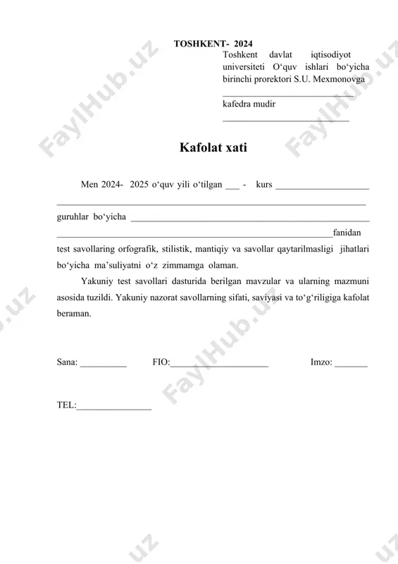 bul qilish, chegara va kriteriyalarni aniqlash, alternativlarni aniqlash va tanlash - bir- biriga zid bo’lgan bir necha yo’l, imkoniyat yoki alternativlardan birini tanlash - ketma- ket bosqich va harakatlarni bajarish natijasi - hamma mavjud omillarni hisobga olgan holda kutilgan oxirgi natijaga erishish yo’li # bankka bevosita ta’sir etuvchi tashqi muhit omillari: + texnologiya, iqtisodiy ahvol, ijtimoiy –madaniy omillar, siyosiy omillar, mijozlar bilan munosabatlar - korxonaning hajmi - struktura, maqsad, vazifa, texnologiya, inson omili - struktura, maqsad, vazifa, iste’molchilar, raqobatchilar # 100% rezerv qaysi kreditlar uchun ajratiladi? + umidsiz kreditlar; - zarar keltiruvchi kreditlar; - substandart kreditlar; - shubhali kreditlar; # bank strukturasi deganda nimani tushunamiz: + bank xodimlari o’rtasidagi yuqoridan eng quyi darajagacha mehnat taqsimoti usullarining maqsadga muvofiq shakli - matritsali - bankdagi boshqarish darajalari ketma- ketligining va nazorat- muhitining tashkiliy shakli - banklar funksional yo’nalishidagi o’zaro aloqalarini mantiqan tashkiliy shakli # bank tashkiliy tuzulishini tuzish modellarini ko’rsating + chiziqli …