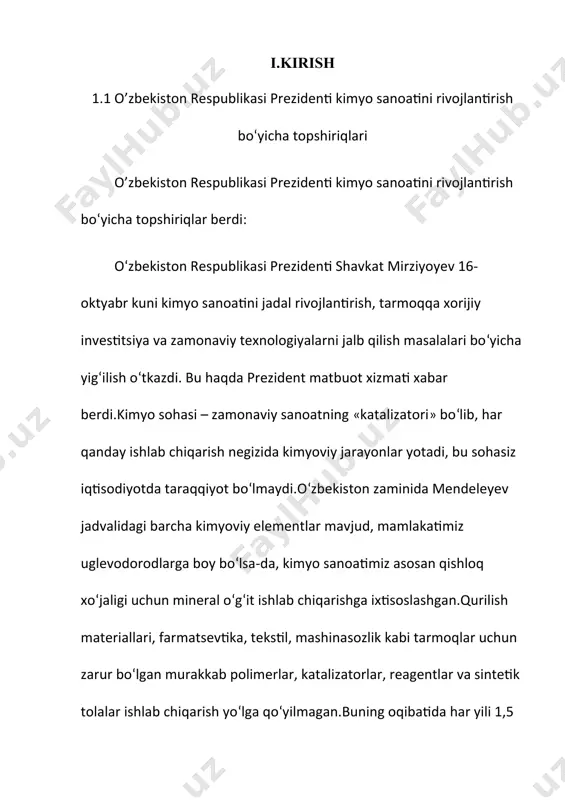 iyaviy barqarorligini ta’minlash lozim. shu bois yig‘ilishda «o‘zkimyosanoat» aksiyadorlik jamiyatining moliyaviy ahvolini yaxshilash yuzasidan ko‘rsatmalar berildi. shu bilan birga, sohaga innovatsiyalar umuman joriy qilinmagani, ilm-fan salohiyatidan samarali foydalanilmayotgani tanqid qilindi. shuning uchun koreya kimyo-texnologiyalari ilmiy-tadqiqot instituti (krict) bilan hamkorlikda toshkent kimyo texnologiya ilmiy-tadqiqot instituti negizida ilmiy-tadqiqot, loyihalash va muhandislik, kadrlar tayyorlashga ixtisoslashgan markaz barpo etishni tezlashtirish zarurligi ta’kidlandi. ii.asosiy qism. 2.1 fizik kimyoviy analiz usullari fizik kimyoviy analiz - modda yoki sistemaning fizik xossalari bilan uning tarkibi oʻrtasidagi bogʻliqlikni oʻrganadigan kimyoviy termodinamika usuli. fizik kimyoviy analizda sistemaning turli fizik xossalari, koʻpincha fazaviy oʻtish trasi va boshqa issiklik xossalari (issiklik oʻtkazuvchanligi, issiqdik sigʻimi, issiqlikdan kengayishi), elektr (elektr oʻtkazuvchanligi, dielektrik singdiruvchanligi), optik (sindirish koʻrsatkichi), zichlik, qovushqoqlik, qattiqlik kabi xossalari oʻrganiladi. tekshirilayotgan obʼyektning rentgen strukturaviy analizi, mikroskopik metallografiya va boshqa usullari bilan aniqpanadigan tavsiflaridan ham foydalaniladi. fizik kimyoviy analizning asosiy usuli — xossa (tarkib) oʻzgarishi bilan holat oʻzgarishi (tarkib — tra, tarkib — …