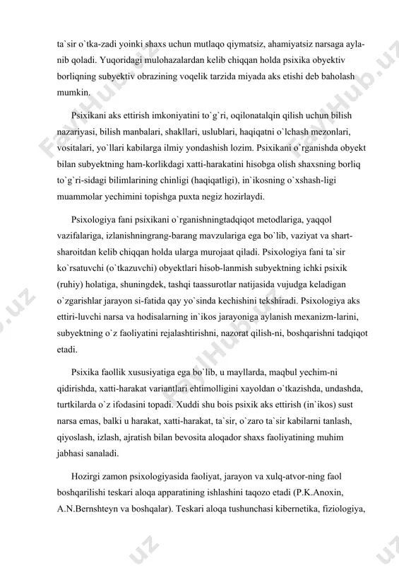 nish mexanizm-larini, subyektning o`z faoliyatini rejalashtirishni, nazorat qilish-ni, boshqarishni tadqiqot etadi. psixika faollik xususiyatiga ega bo`lib, u mayllarda, maqbul yechim-ni qidirishda, xatti-harakat variantlari ehtimolligini xayoldan o`tkazishda, undashda, turtkilarda o`z ifodasini topadi. xuddi shu bois psixik aks ettirish (in`ikos) sust narsa emas, balki u harakat, xatti-harakat, ta`sir, o`zaro ta`sir kabilarni tanlash, qiyoslash, izlash, ajratish bilan bevosita aloqador shaxs faoliyatining muhim jabhasi sanaladi. hozirgi zamon psixologiyasida faoliyat, jarayon va xulq-atvor-ning faol boshqarilishi teskari aloqa apparatining ishlashini taqozo etadi (p.k.anoxin, a.n.bernshteyn va boshqalar). teskari aloqa tushunchasi kibernetika, fiziologiya, psixologiya fanlarida keng ko`lamda qo`llanilib kelinmokda. teskari aloqa psixologiya bilan fiziologiya fanlarida har bir javob harakati hal qilinayotgan va-zifa (muammo) miyada baholanilishi tushuniladi. p.k.anoxin nuq-tai nazaricha, organizmda muayyan sikl bilan ish bajaruvchi yaxlit sistema mavjud. mazkur sistemada markazdan javob harakatiga buy-ruqberilishining birorta ham lahzasi teskari yo`nalishda (perife-riyadan markazga qarab) harakatning natijasi haqida zudlik bilan axborog (teskari aloqa) yuborilmaguncha tugallanmaydi. teskari aloqa apparati (sistemasi) yordami bilan …