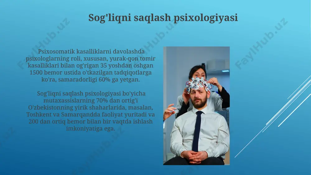 kabi muassasalarni bitirish talab etiladi. kasbiy psixolog sifatida ishlash uchun litsenziya olish zarur bo'lib, bu jarayon davlat tomonidan belgilangan 3 bosqichdan iborat imtihonlarni o'z ichiga oladi. sport psixologiyasi jahon miqyosida, 2023 yil ma'lumotlariga ko'ra, sport psixologiyasi bo'yicha 5000 dan ortiq ilmiy maqola chop etilgan bo'lib, bu sohaning tez rivojlanayotganligini ko'rsatadi. sport psixologiyasi sohasida 200 dan ortiq mutaxassis ishlaydigan o'zbekistonning yirik shaharlarida, masalan, toshkent va samarqandda, yuqori malakali sportchilar uchun individual mashg'ulotlar o'tkaziladi. psixologik tadqiqotlar psixologik testlarning 15 turini o'z ichiga olgan milliy ma'lumotlar bazasi 2023-yilda andijon viloyatida yaratildi, bu esa psixologik diagnostika samaradorligini oshirishga yordam beradi. 2022-yilda o'zbekistondagi psixologik tadqiqotlarning 30% dan ortig'i bolalar va o'smirlarning ruhiy salomatligiga bag'ishlangan bo'lib, toshkent shahridagi oliy o'quv yurtlari tadqiqotlarning asosiy markazi hisoblanadi. ish haqi va daromad oʻzbekistonda psixologik xizmatlar bozorida raqobat kuchayib borayotganligi sababli, yangi boshlanuvchilarning daromadi taxminan 5-10 million so'mni tashkil etishi mumkin. psixologlarning oʻrtacha yillik daromadi toshkent shahrida 15-25 million soʻmni …