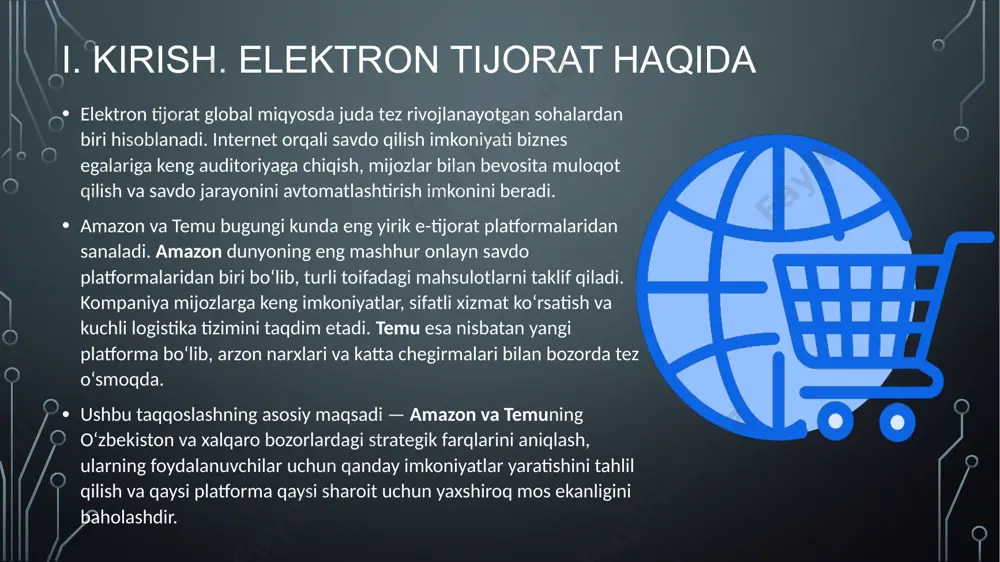 xarajatlari temu: asosiy to‘lov usullari – temu kredit va debet kartalar, paypal hamda ba’zi mahalliy to‘lov tizimlarini qo‘llab-quvvatlaydi. tranzaksiya to‘lovlari yo‘q – xaridorlar qo‘shimcha to‘lovsiz mahsulotlarni xarid qilishlari mumkin, lekin ba’zi mamlakatlarda valyuta ayirboshlash uchun qo‘shimcha to‘lovlar bo‘lishi mumkin. to‘lovni qaytarish tizimi – agar mahsulot yetib kelmasa yoki sifatsiz bo‘lsa, temu pulni qaytarib berish xizmatini taklif qiladi. 4. dizayn va moslashuvchanlik temu: mobil ilovaga yo‘naltirilgan dizayn – temu dizayni asosan mobil foydalanuvchilarga moslashtirilgan bo‘lib, ilova eng yaxshi tajribani taqdim etadi. shaxsiylashtirilgan tavsiyalar – sun’iy intellekt algoritmlari asosida xaridorlarga mos mahsulotlarni tavsiya qiladi. foydalanuvchi tajribasi – oddiy va tushunarli dizayn tufayli yangi foydalanuvchilar ham platformada bemalol xarid qilishlari mumkin. amazon: murakkab, ammo to‘liq funksional dizayn – sayt va ilova juda ko‘p funksiyalarga ega, lekin ilg‘or qidiruv va filtrlar orqali kerakli mahsulotni tez topish mumkin. shaxsiylashtirilgan tajriba – amazon mijozning xarid tarixi va qidiruvlariga asoslanib mahsulot tavsiyalarini beradi. ko‘plab qurilmalar bilan moslashuvchanlik …