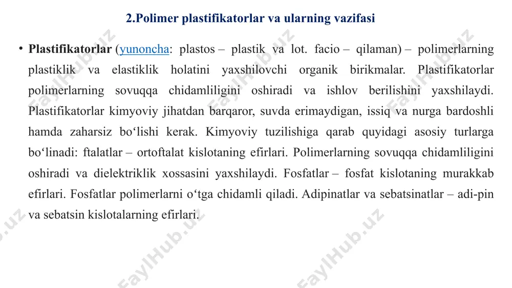 imyoviy tolalarni ishlab chiqarish miqdori tabiiy ipakdan oshdi, 1940 yilga kelib jundan oshdi. o‘zbekistonda (namanganda) urush yillarida rossiyadan ko‘chirib kelingan viskoza tolasini ishlab chiqaradigan korxona qurildi. 1969-yillarda farg‘onada asetat tolasi ishlab chiqaradigan korxona qurildi. 1970-yillarda navoiy shahrida nitron tolasi ishlab chiqaradigan korxona qurildi. 1998-yilda farg‘onada poliamid kord ishlab chiqaradigan zavod ishga tushdi. kelajakda poliamid shoyi va polietilen, polipropilen tolalari ishlab chiqaradigan korxonalar qurish rejalashtirilgan. tolalar ikkiga bo‘linadi; tabiiy tolalar. kimyoviy tolalar. tabiiy tolalar: o‘simlik va hayvonot olamidan olinadi. ularga: paxta, ipak, kanop, jun va boshqalar kiradi. kimyoviy tolalar-sun’iy va sintetik tolalarga ajratiladi. sun’iy tolalarga: viskoza, mis-ammiak, asetat tolalari, viskoza plyonkalari, kazein tolalari kiradi. sun’iy tolalar tabiiy polimerlarni (sellyuloza) kimyoviy qayta ishlash yo‘li bilan olinadi. sintetik tolalarning polimeri sintez qilinadi. sintetik tolalardan muhim ahamiyatga ega bo‘lganlari poliamid tolalari bu: kapron, neylon va enantdir. molekulalarini tuzilishiga qarab, sintetik tolalar; geterotseplik va karbotsepliklarga bo‘linadi. geterotseplik tolalarning polimerlarining makromalekulalarini zanjiri; uglerod, kislorod, azot va …