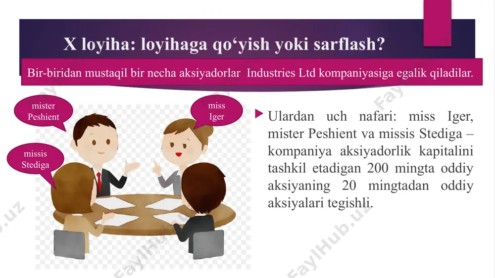 qo‘shimcha 2000 f. st. dividendlar to‘lov muddati kechiktirilishi o‘rnini qoplaydi deb hisoblamaydi. mister peshient mister peshient so‘zlariga ko‘ra, x loyihasini amalga oshirish maqsadga muvofiq, chunki har qanday holatda ham uning keyingi yilgacha dividendlarni sarflash niyati yo‘q va 10 000 f. st. o‘rniga 12 000 f. st.ga ega bo‘lishni afzal biladi, shunda ularni sarflashga qaror qiladi. missis stedi missis stedi ta’kidlashicha, u – x loyihasi tarafdori, biroq zudlik bilan dividendlar to‘lanishi uchun ovoz berishni maqsad qilgan, chunki olti oydan keyin uyga yonma-yon kichik uy qurilishiga to‘lash uchun unga pullar kerak. kompaniyaning boshqa aksiyadorlari fikrlari ham shunga o‘xshash tarzda taqsimlanishi kutiladi. loyihani qabul qilish uchu menejer qanday yo’l tutishi kerak? bank foizini 10% deb olamiz. mablag‘larni qarzga olish va qarzga berish o‘z pullarini zudlik bilan olishni istagan miss iger bankdan kelgusi yilda foizlar hisobga olingan holda to‘lov summasi 12 000 f. st.ni tashkil etadigan miqdorda qarz (ssuda) olishi mumkin. qarz u kelgusi …