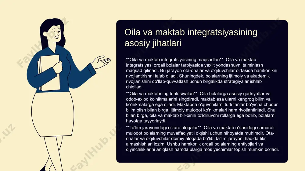 . ochiq va muntazam aloqa o'qituvchilar va ota-onalar o'rtasida tushunishni yaxshilaydi, bu esa bolalarning ta'limiy ehtiyojlarini yaxshiroq qondirishga imkon beradi. hamkorlik esa uchinchi muhim tamoyildir. ota-onalar va o'qituvchilar birgalikda ishlaganda, ular bolani qo'llab-quvvatlash uchun resurslar va strategiyalarni birlashtira oladilar. misol uchun, ota-onalar va o'qituvchilar birgalikda o'quv dasturlarini muhokama qilib, bolalarning qiziqishlari va kuchli tomonlariga mos keladigan faoliyatlarni rejalashtirishlari mumkin. integratsiyaning foydalari oila va maktab integratsiyasi o'quvchilarning muvaffaqiyatiga sezilarli ijobiy ta'sir ko'rsatadi. ushbu hamkorlik, bolalarning rivojlanish jarayonida ularning bilim olish qobiliyatlarini oshiradi. ota-onalar va o'qituvchilar o'rtasidagi doimiy aloqalar, o'quvchilarning ijtimoiy va hissiy rivojlanishiga yordam beradi. integratsiya natijasida, o'quvchilar o'zlarini yanada qulay his etadilar va ta'lim jarayonida ko'proq ishtirok etishga intilishadi. oila va maktab o'rtasidagi aloqa oila va maktab o'rtasida samarali aloqa o'rnatish, bolalarning ta'lim jarayonida muvaffaqiyatga erishishi uchun muhimdir. quyidagi usullar bu jarayonda yordam berishi mumkin: - **ota-onalar uchrashuvlari**: bu uchrashuvlar orqali ota-onalar va o'qituvchilar o'zaro fikr almashishi, bolalarning rivoji va …